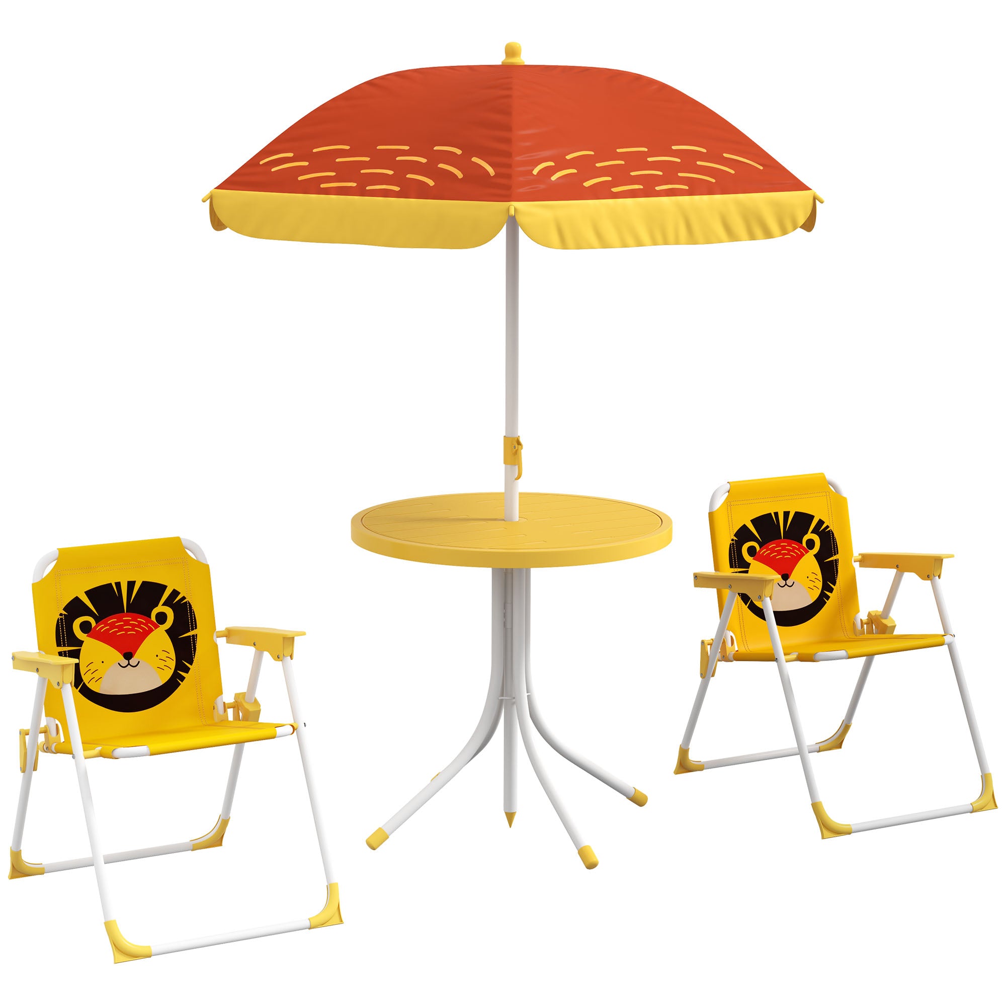 Outsunny Kids Picnic Table and Chair Set, Lion Themed Outdoor Garden Furniture w/ Foldable Chairs, Adjustable Parasol - Yellow - North Peak Garden Furniture