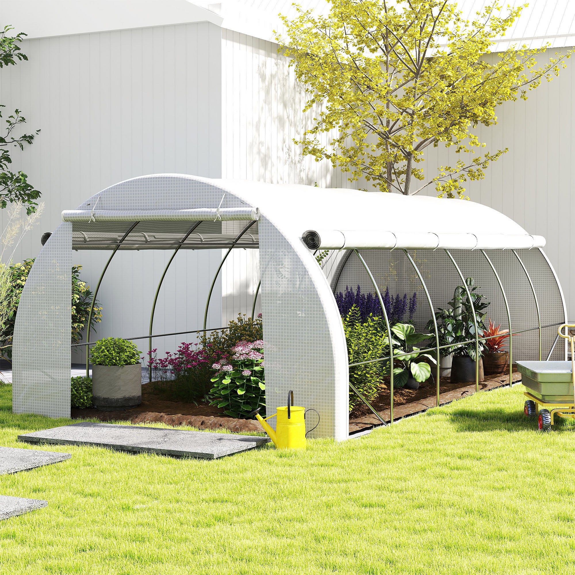 Outsunny 6 x 3 x 2 m Polytunnel Greenhouse with Roll-up Side Walls, Walk-in Grow House Tent with Steel Frame, Reinforced Cover, Zipped Door and 12 Mesh Windows for Garden, White - North Peak Garden Furniture