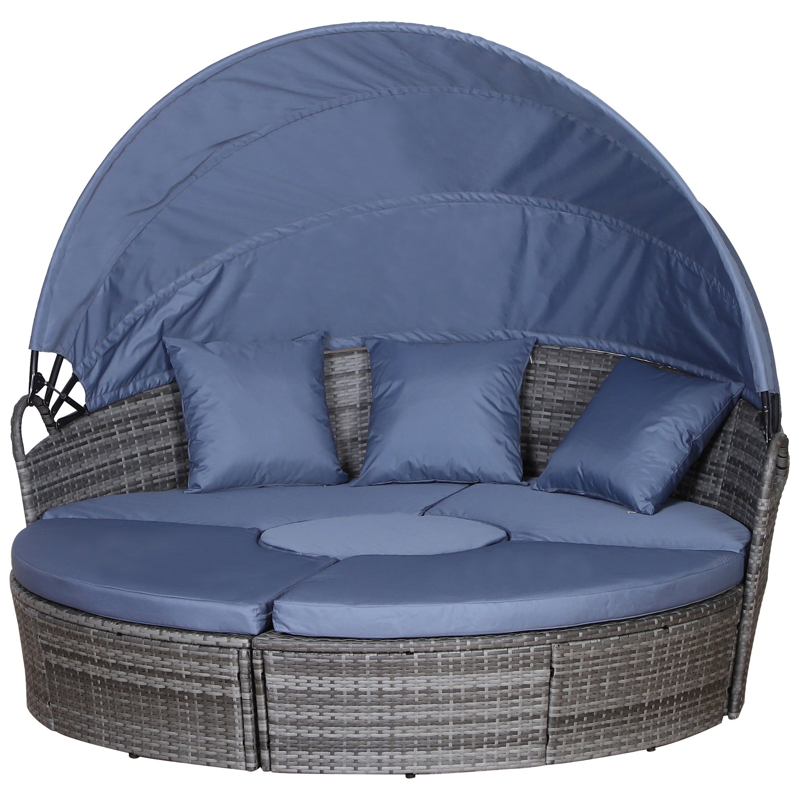 Outsunny PE Rattan Lounge Set, 5 Pieces Patio Conversation Furniture Set, Garden Round Sofa Bed with Cushion and Retractable Canopy, Grey - North Peak Garden Furniture