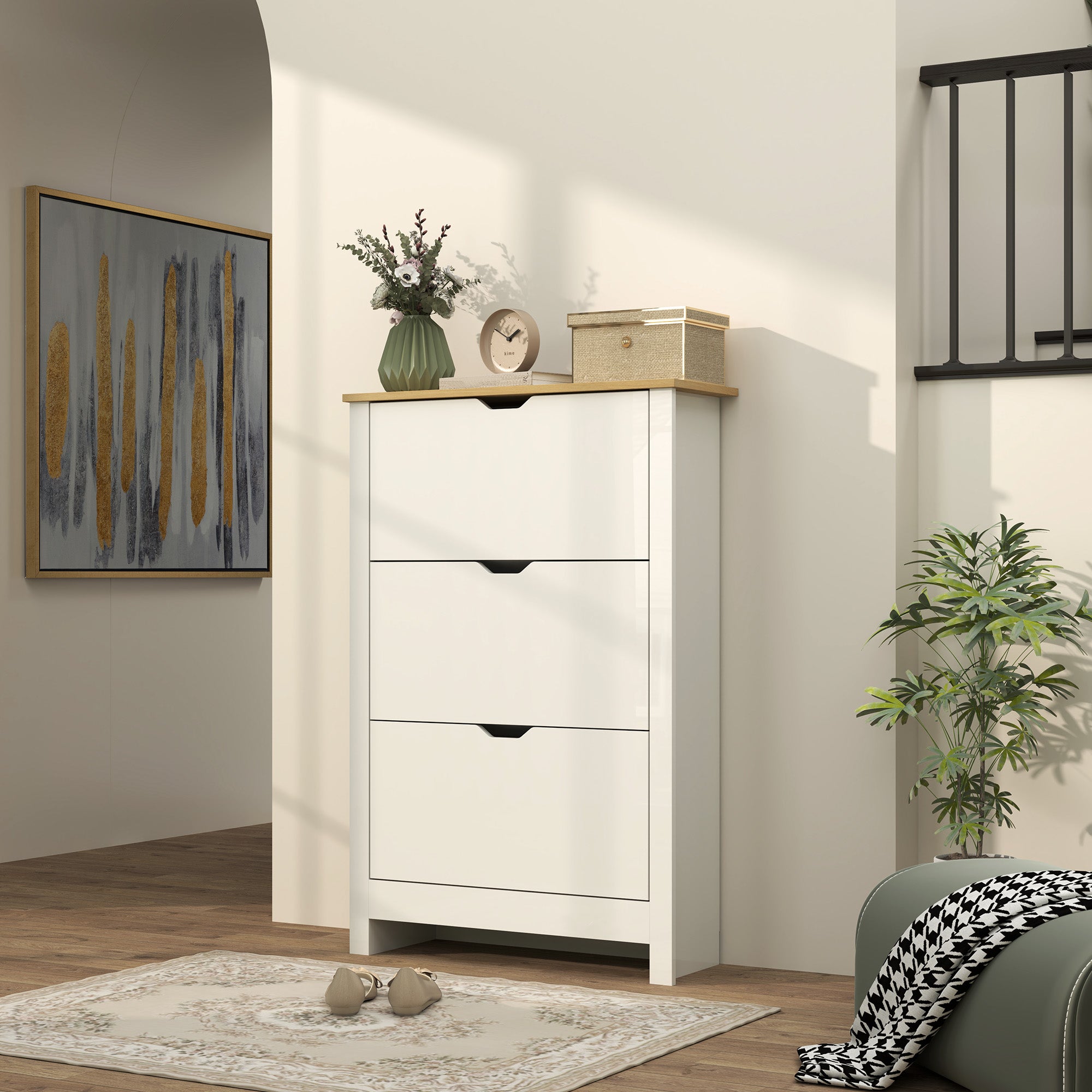 HOMCOM Slim Shoe Cabinet, Narrow Shoe Cupboard with 3 Flip Drawers, Adjustable Shelves for 18 Pairs of Shoes, High Gloss White - North Peak Garden Furniture