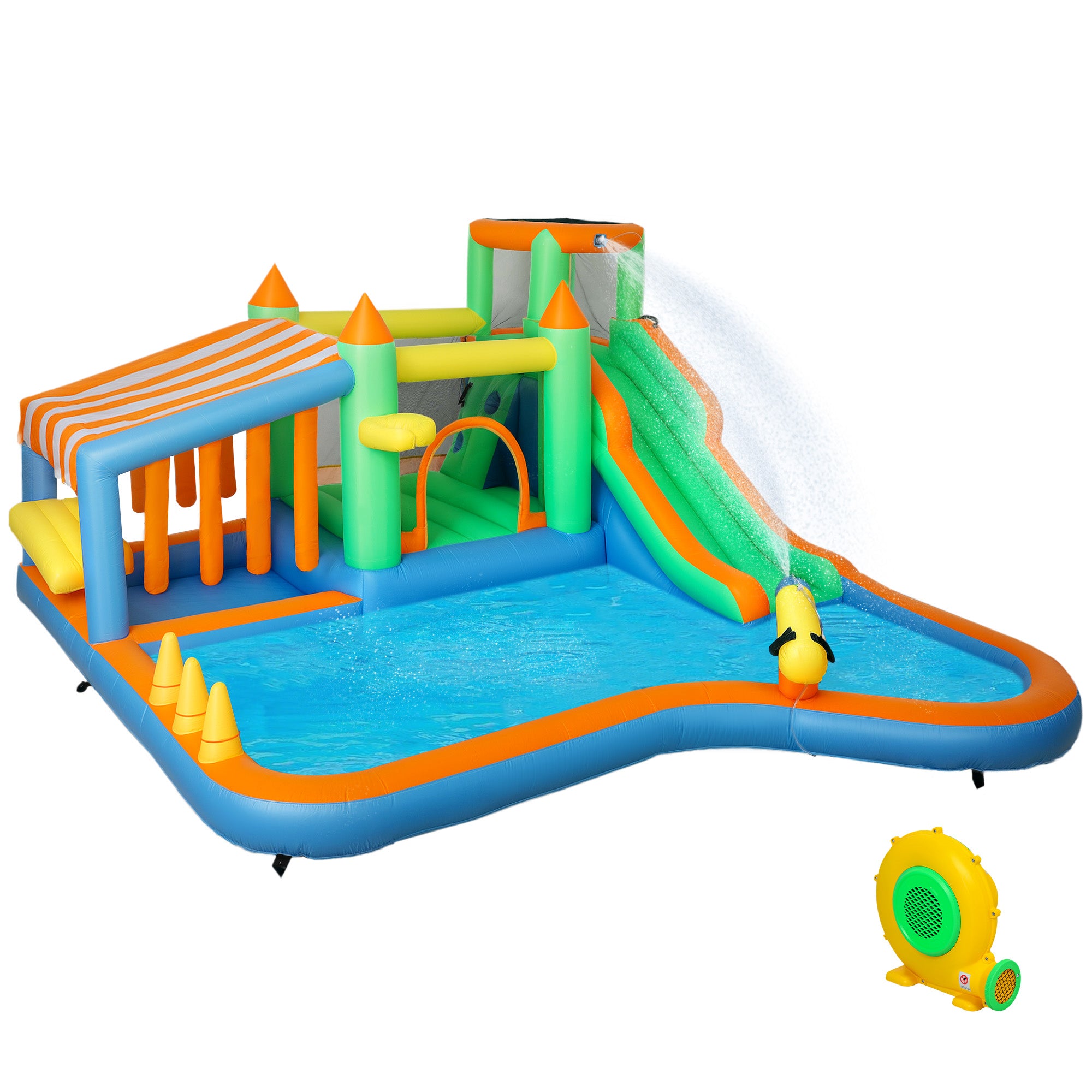 AIYAPLAY 8 in 1 Inflatable Bounce House with 680W Blower, Slide, 2 Pools, Basketball Hoop, Climbing Wall, Water Gun, Ring Toss - North Peak Garden Furniture
