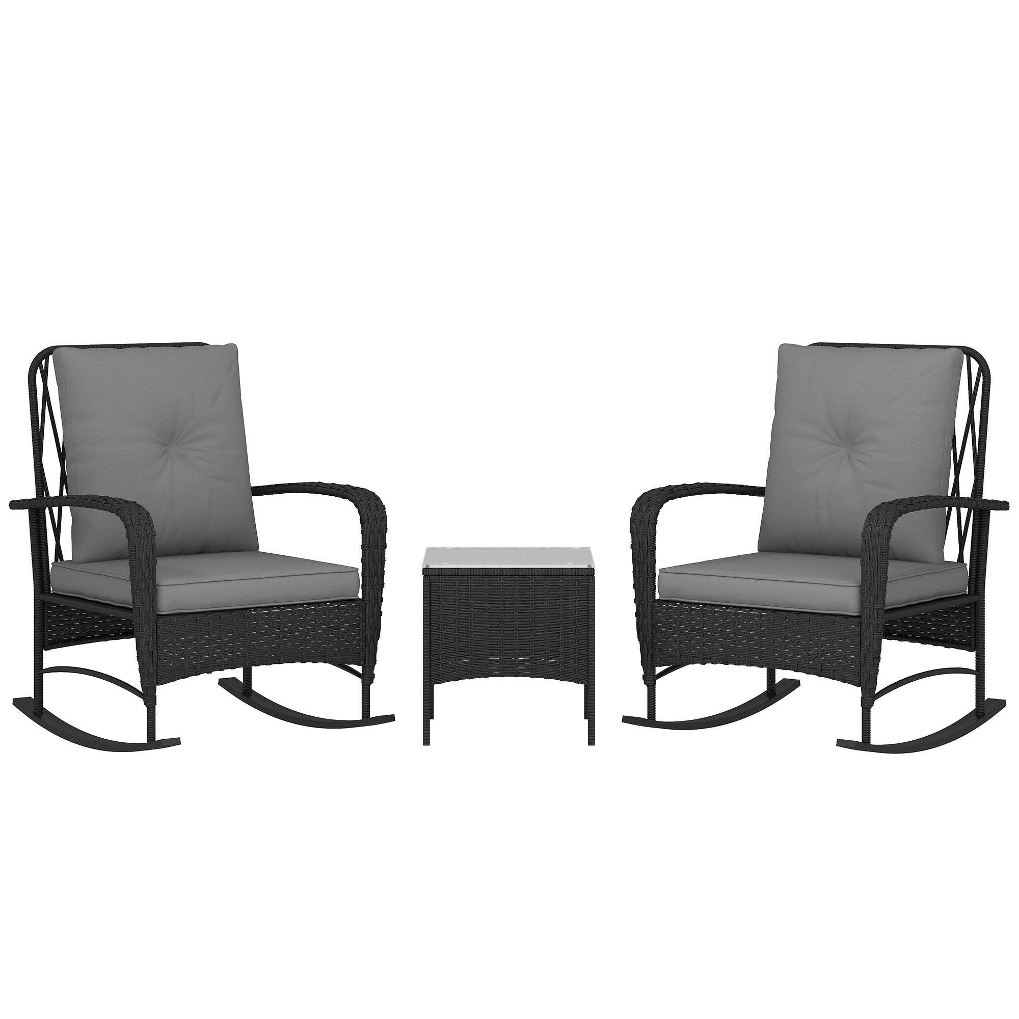 Outsunny Three-Piece Rocking Chair Rattan Bistro Set - Black - North Peak Garden Furniture