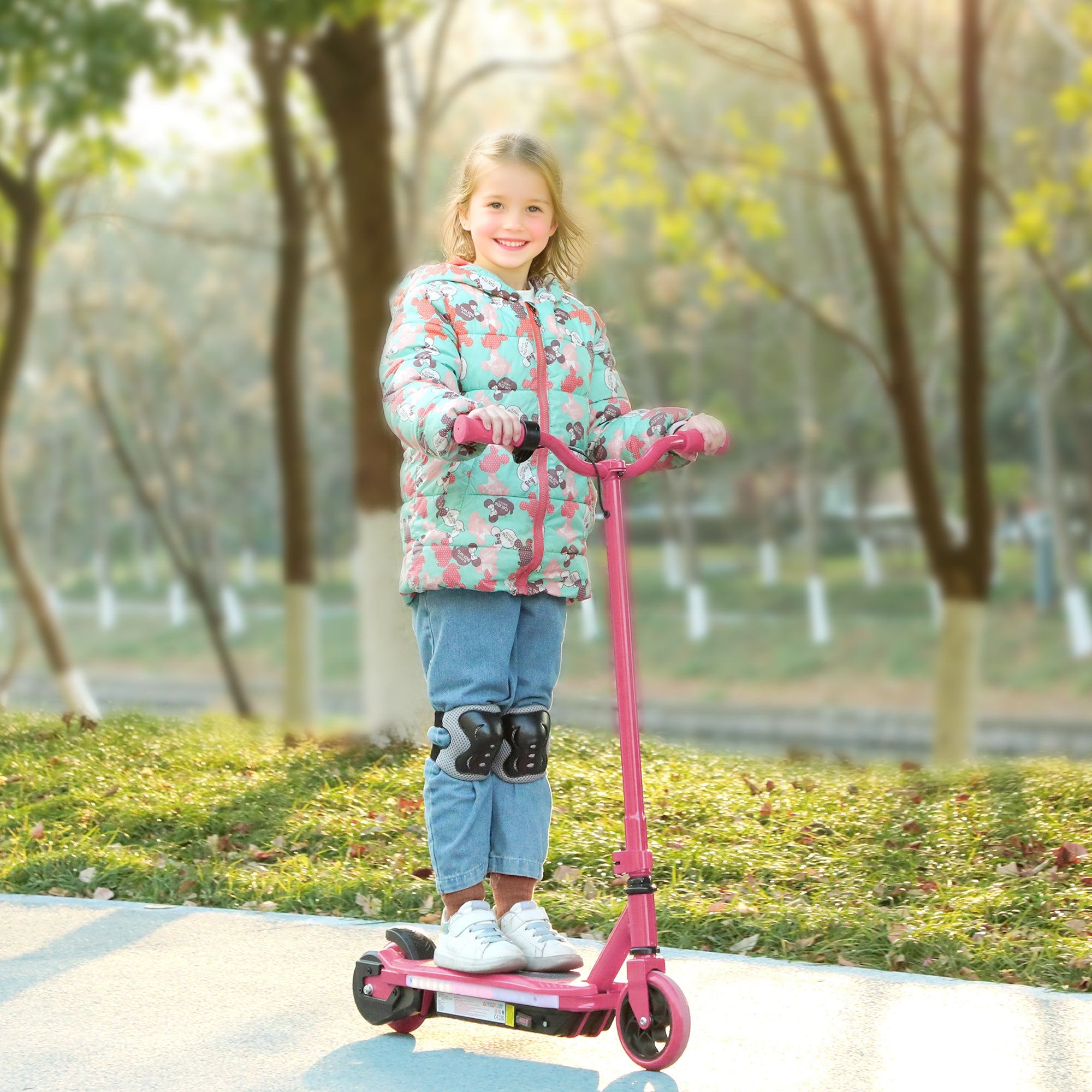AIYAPLAY Electric Scooter for Ages 6-14, with Colourful Light and Electric Brake, Electric Scooter E Scooter, Up to 10 KM/H & 8 KM, Pink - North Peak Garden Furniture