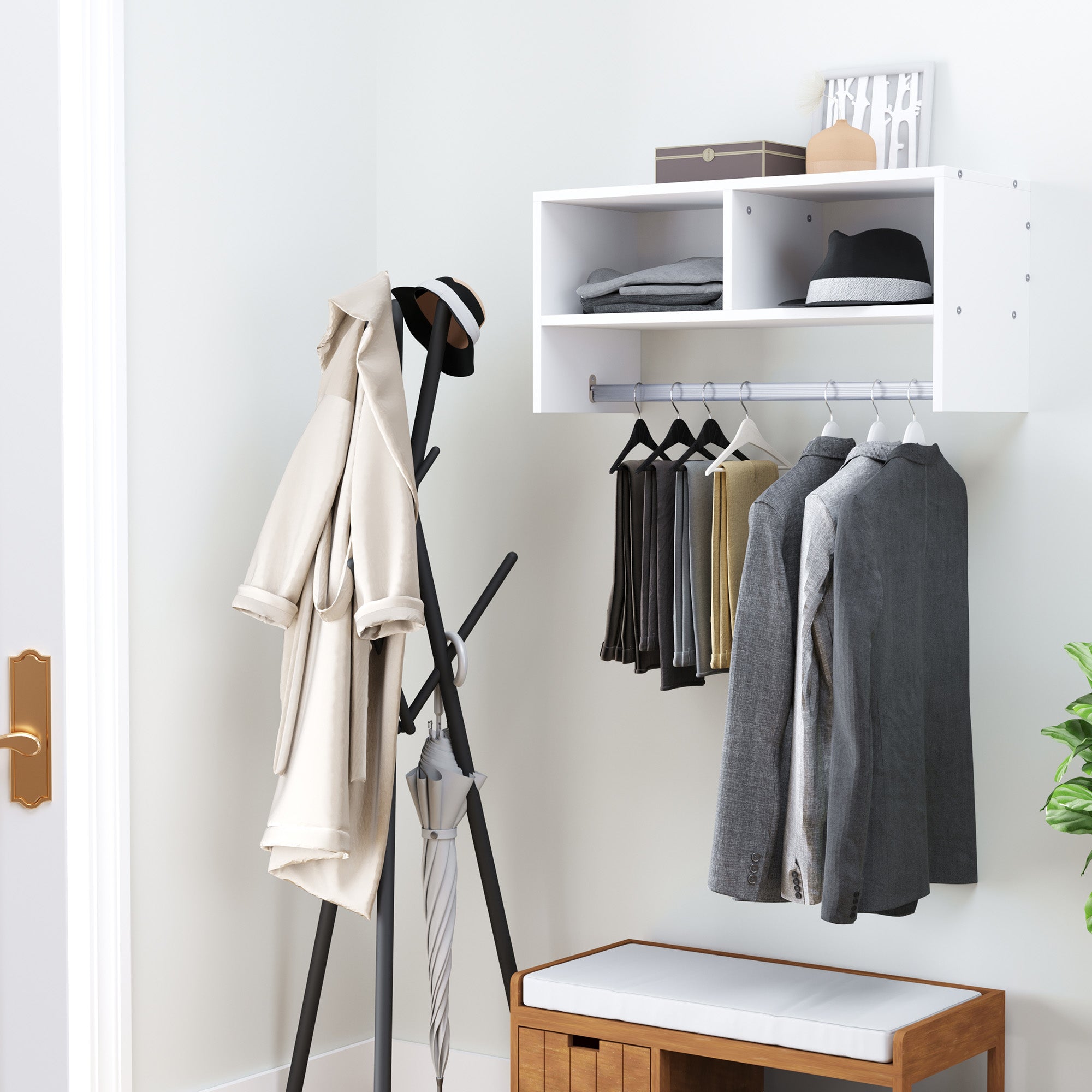 HOMCOM Wall Mounted Coat Hanger Hooks Rack Stand Hallway Coat Rack Rail & Storage Shelf Hanging Coat Organizer (White) - North Peak Garden Furniture