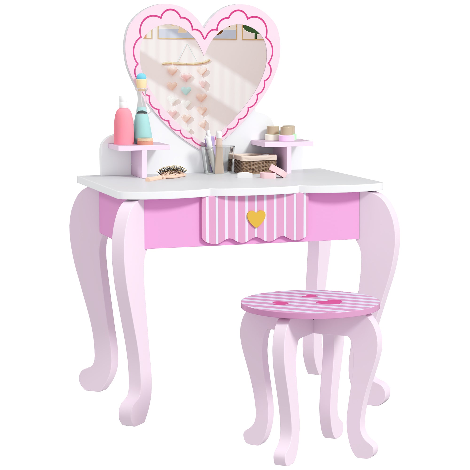 AIYAPLAY Kids Dressing Table Set, Vanity Table with Stool, Mirror, Drawer, Desktop Storage, Heart Theme, Pink - North Peak Garden Furniture