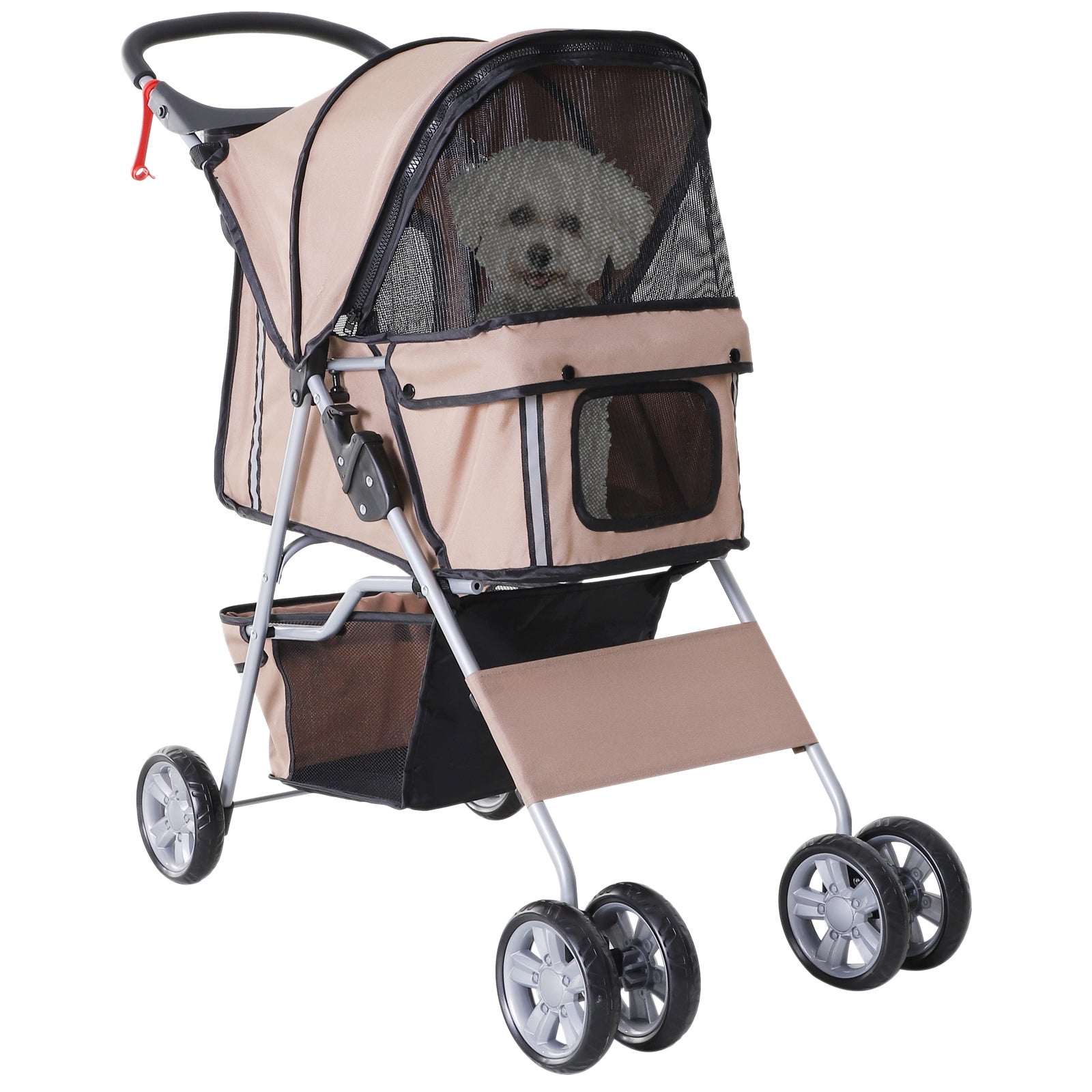 PawHut Pet Stroller for Small Miniature Dogs Cats Foldable Travel Carriage with Wheels Zipper Entry Cup Holder Storage Basket Brown - North Peak Garden Furniture