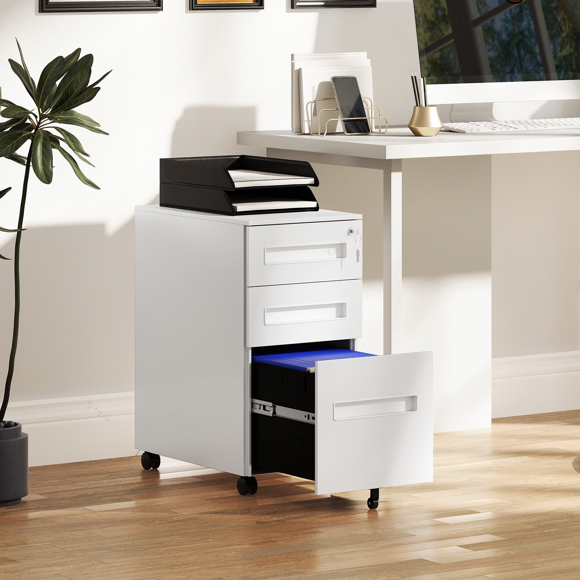 Vinsetto Metal Mobile File Cabinet with Wheels, Lockable 3 Drawer Filing Cabinet for A4, Legal, Letter, Compact Under Desk Storage Unit with Pre-Assembled Body for Home Office, 30 x 43.5 x 60cm, White - North Peak Garden Furniture