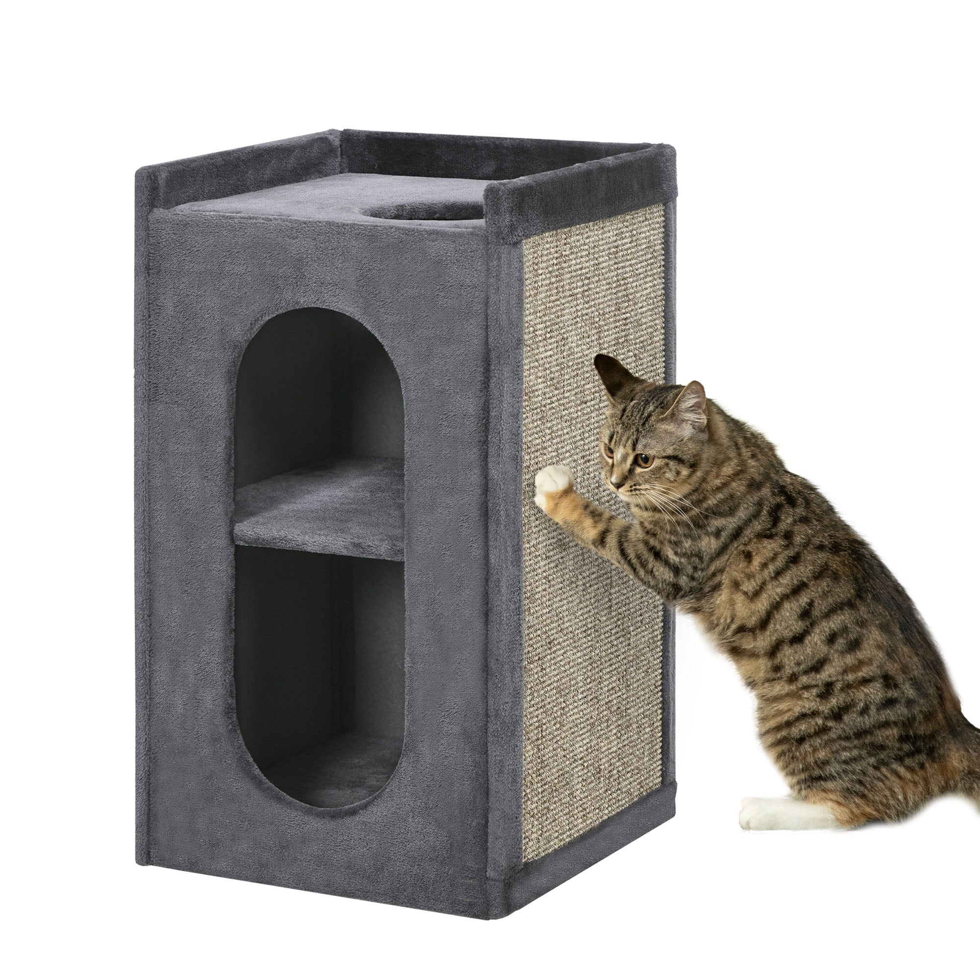 PawHut 81cm Cat Scratching Barrel, with Two Cat Houses for Indoor Cats, Grey - North Peak Garden Furniture