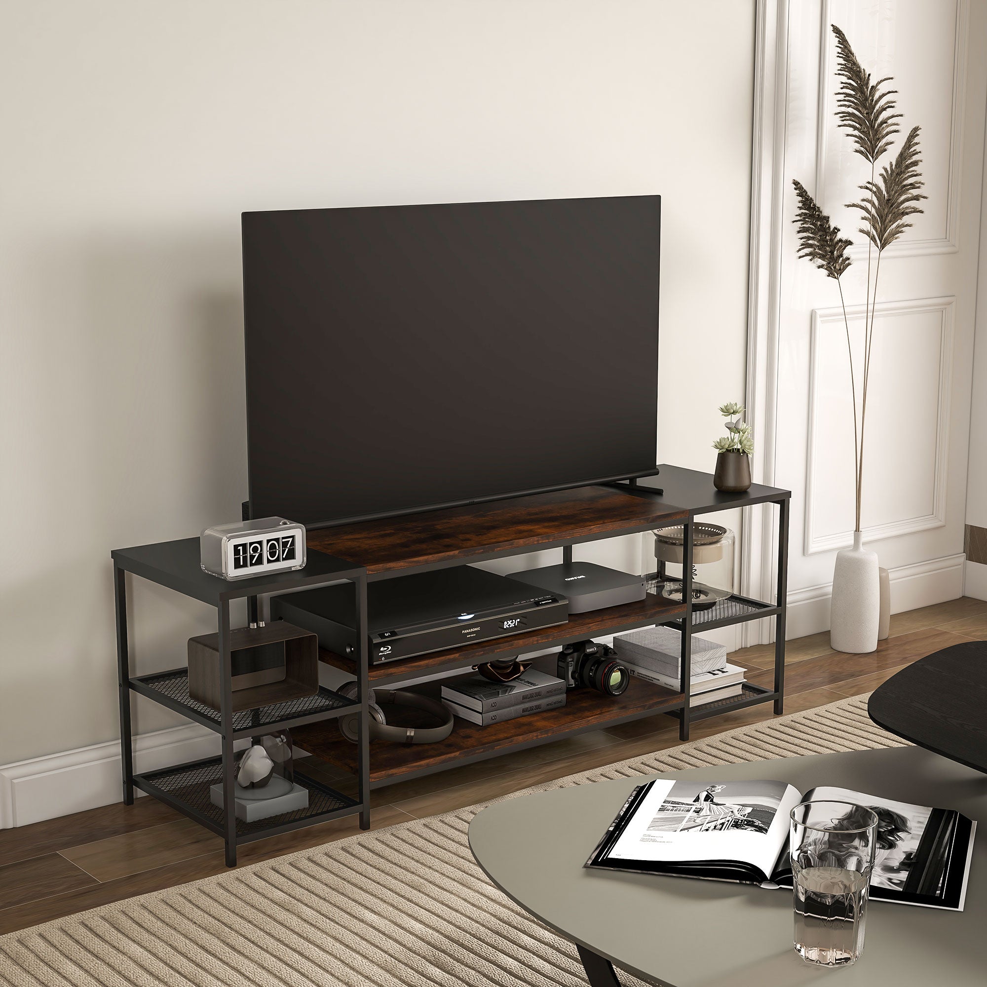 HOMCOM TV Unit Cabinet for TVs up to 60 Inches, Industrial TV Stand with Storage Shelves for Living Room, Brown and Black - North Peak Garden Furniture