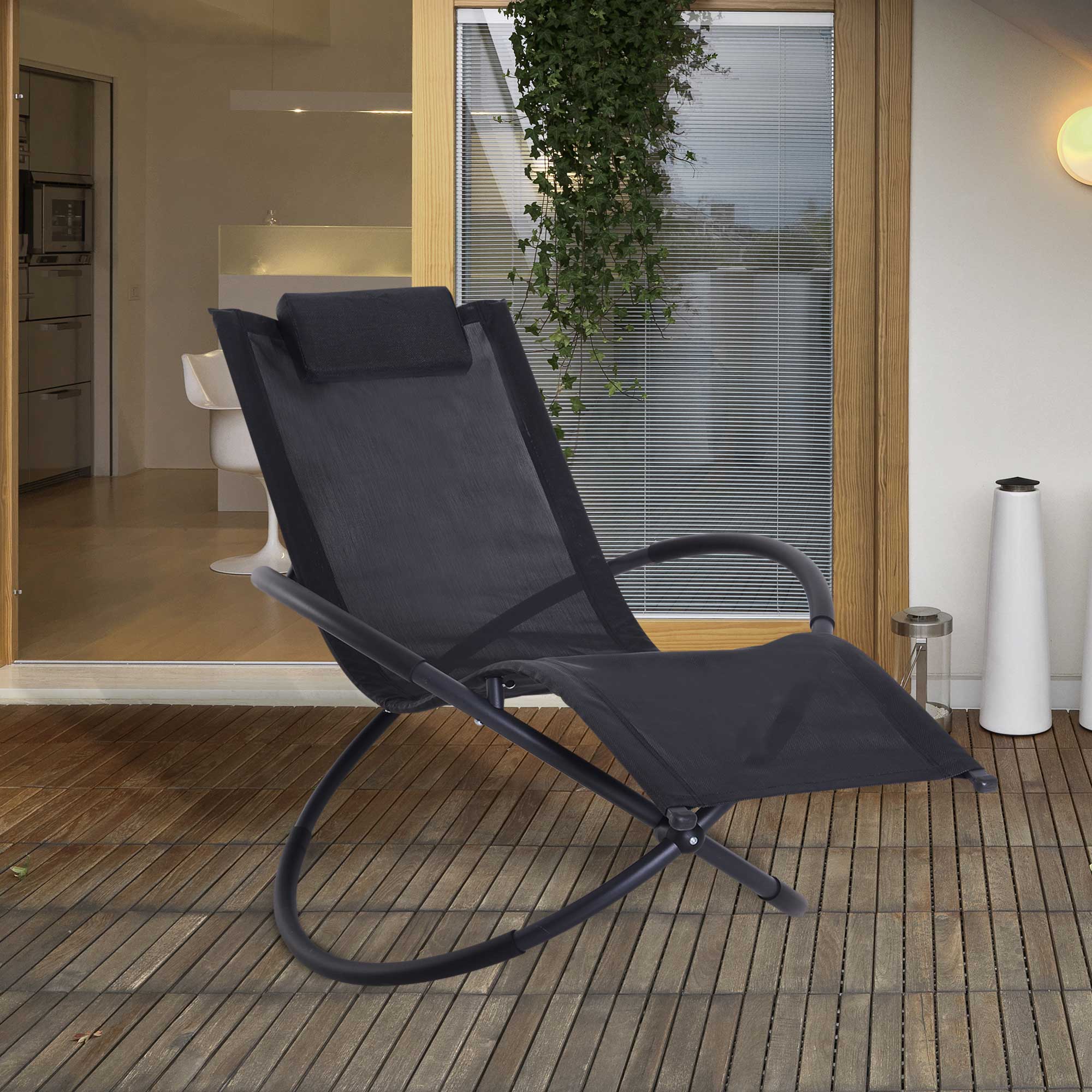 Outsunny Outdoor Orbital Lounger Zero Gravity Patio Chaise Foldable Rocking Chair w/ Pillow Black - North Peak Garden Furniture