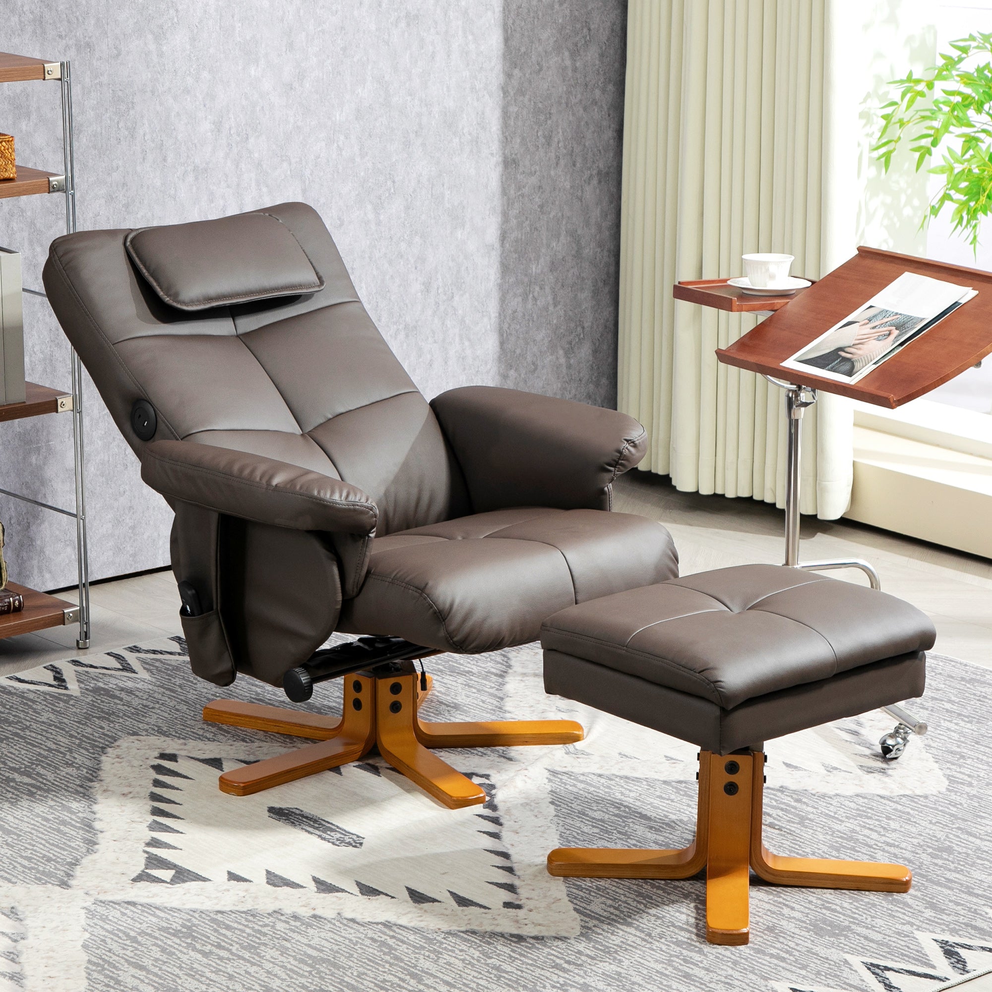 HOMCOM Faux Leather Massage Recliner Chair, with Storage Ottoman - Brown - North Peak Garden Furniture