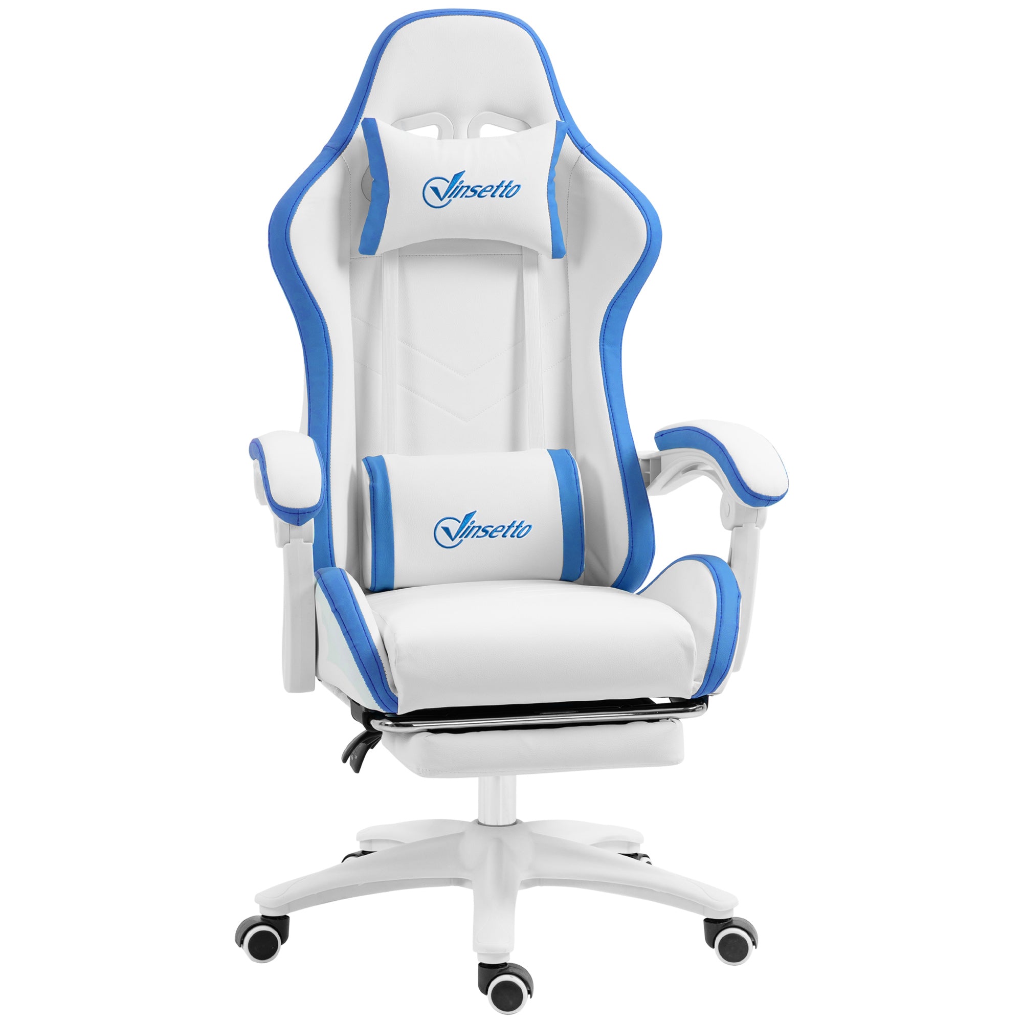Vinsetto Computer Gaming Chair, PU Leather Desk Chair with Footrest, Swivel Task Chair with 135° Reclining Back and Lumbar Support, PC Chair for Adults, White and Blue - North Peak Garden Furniture