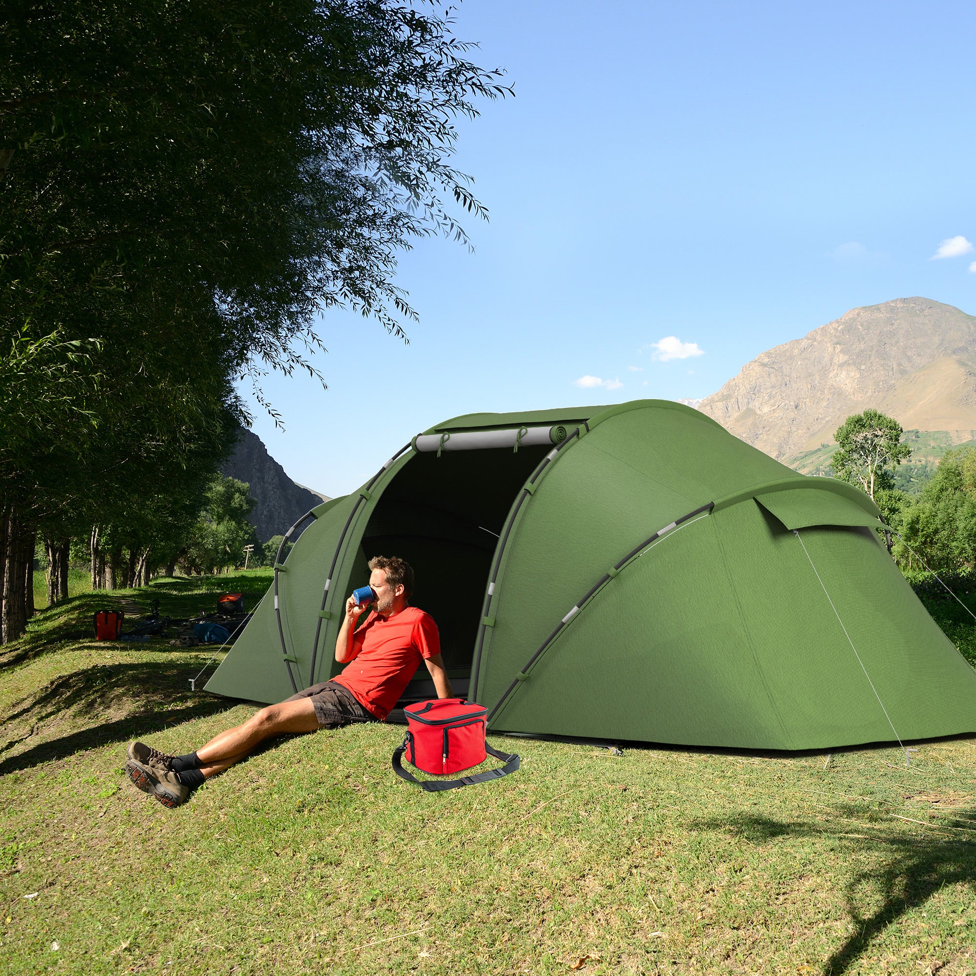 Outsunny 4-6 Man Camping Tent w/ Two Bedroom, Hiking Sun Shelter, UV Protection Tunnel Tent, Dark Green - North Peak Garden Furniture