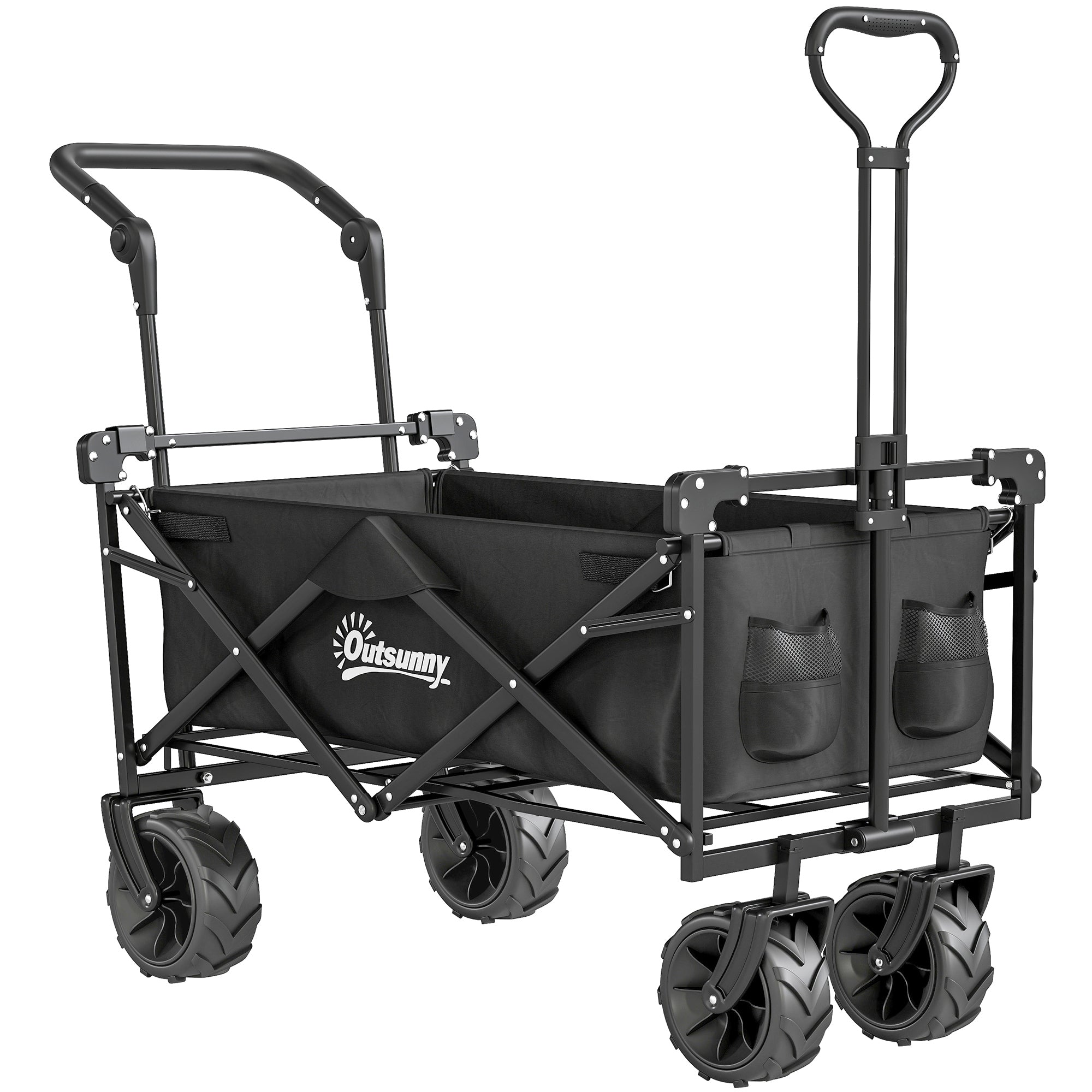 Outsunny Folding Trolley Cart Storage Wagon Beach Trailer 4 Wheels with Handle Overhead Canopy Cart Push Pull for Camping, Black - North Peak Garden Furniture