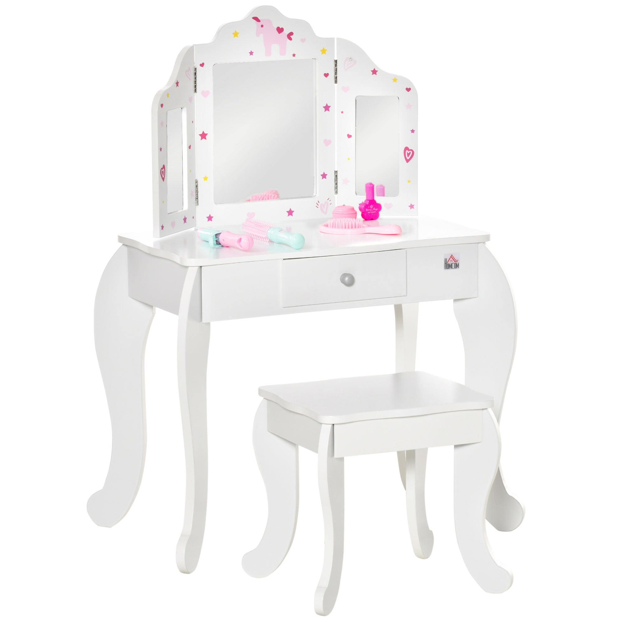 HOMCOM Kids Vanity Table & Stool Girls Dressing Set Make Up Desk Chair Dresser Play Set with Rotatable Mirrors Drawer Star & Heart Pattern White - North Peak Garden Furniture
