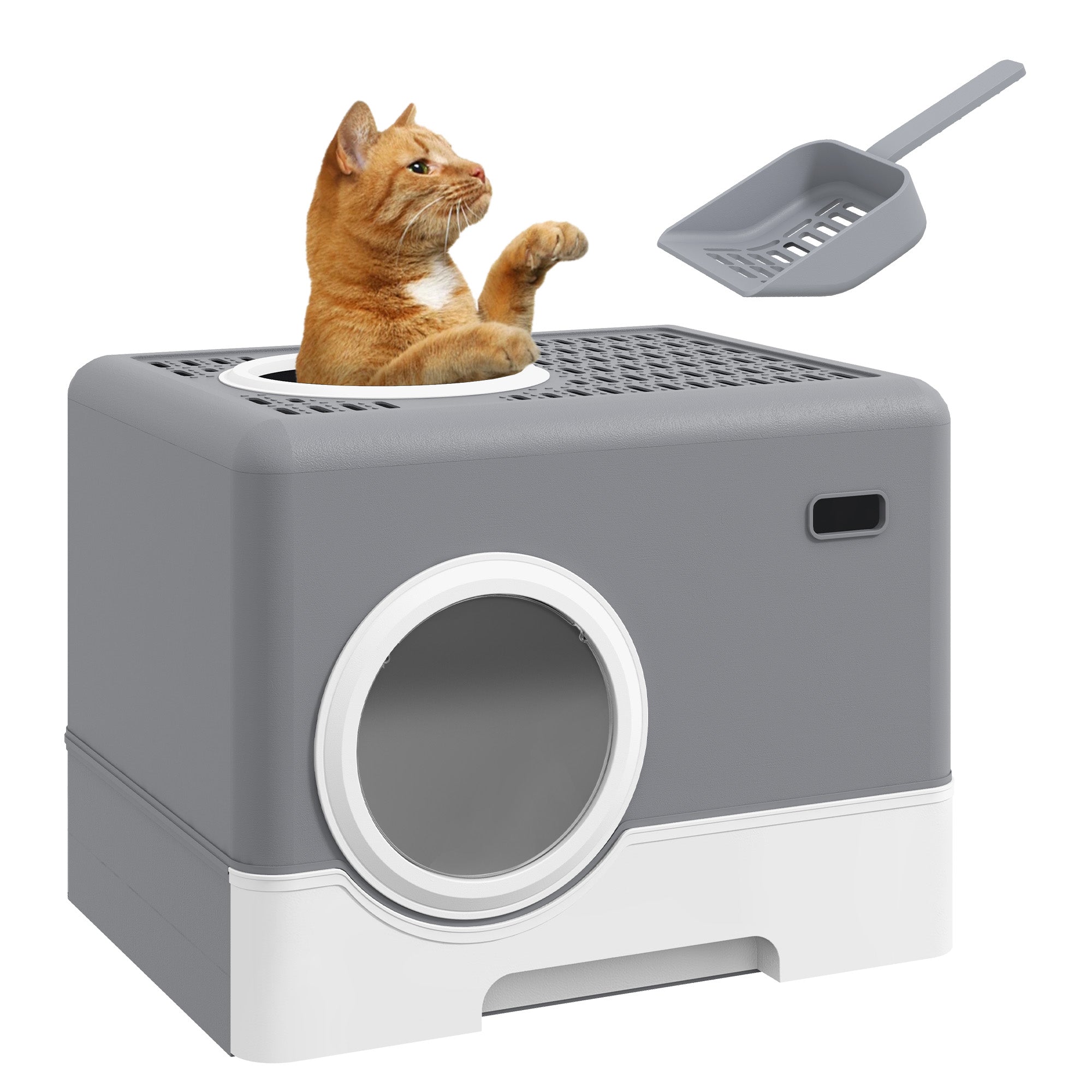PawHut Enclosed Cat Litter Box, with Lid, Front Entry, Top Exit, Pull-Out Tray, Scoop - Grey - North Peak Garden Furniture