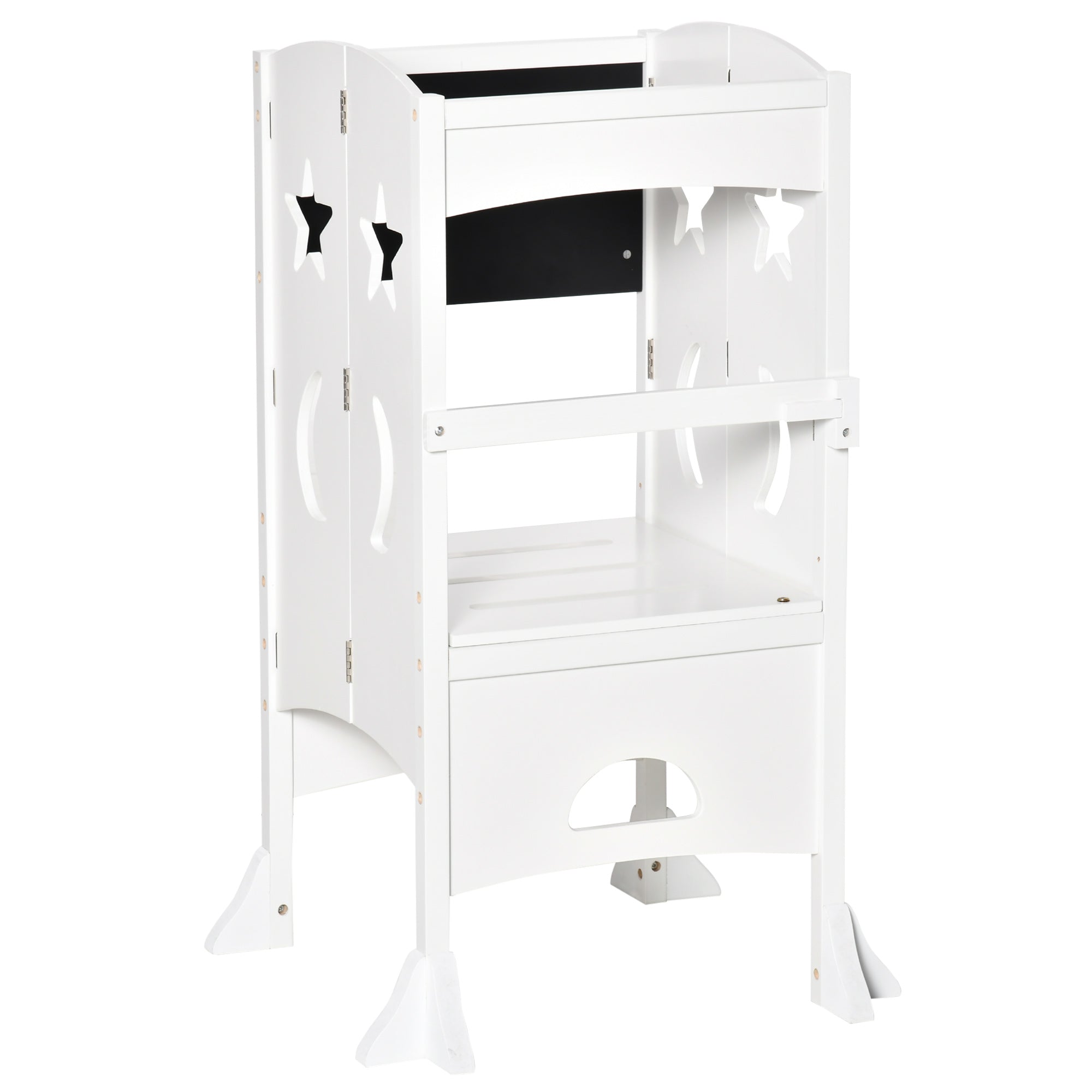 HOMCOM Kids Step Stool Toddler Kitchen Stool with Blackboard Lockable Handrail for Kids Kitchen Counter White - North Peak Garden Furniture