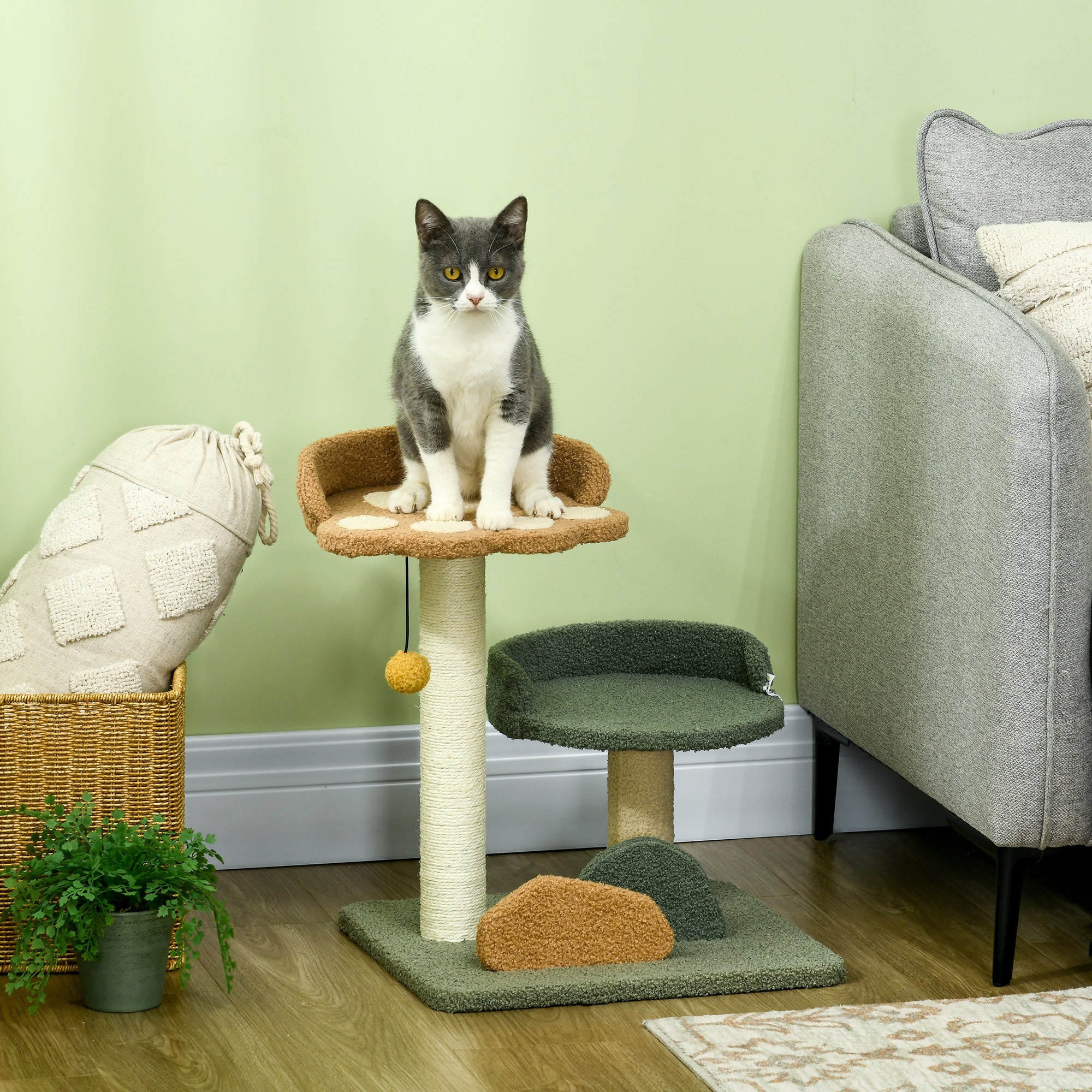 PawHut 52cm Small Cat Tree for Indoor Cats, Scratching Posts with Two Beds, Toy Ball - North Peak Garden Furniture
