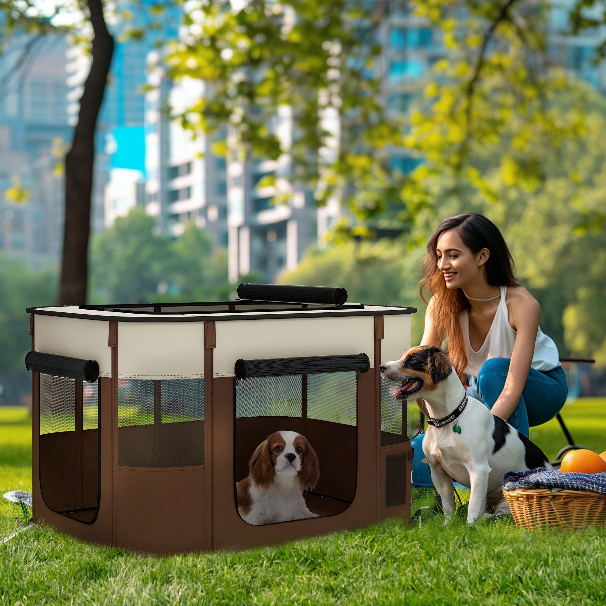 PawHut Foldable Dog Pen with Storage Bag for Indoor/Outdoor Use, Portable Pet playpen, with Ground Stakes - Brown - North Peak Garden Furniture