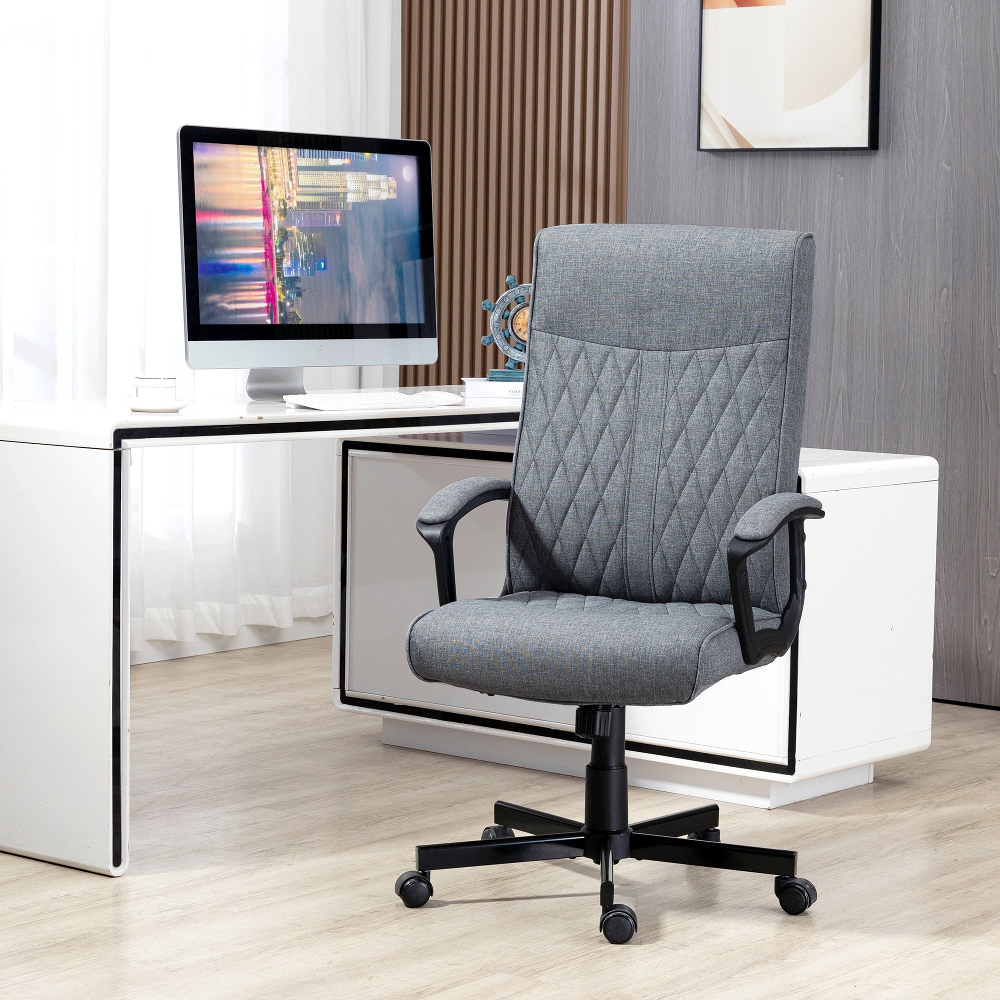 Vinsetto High Back Home Office Chair, Linen Fabric Computer Chair, Swivel Desk Chair with Adjustable Height for Living Room, Bedroom, Study, Dark Grey - North Peak Garden Furniture