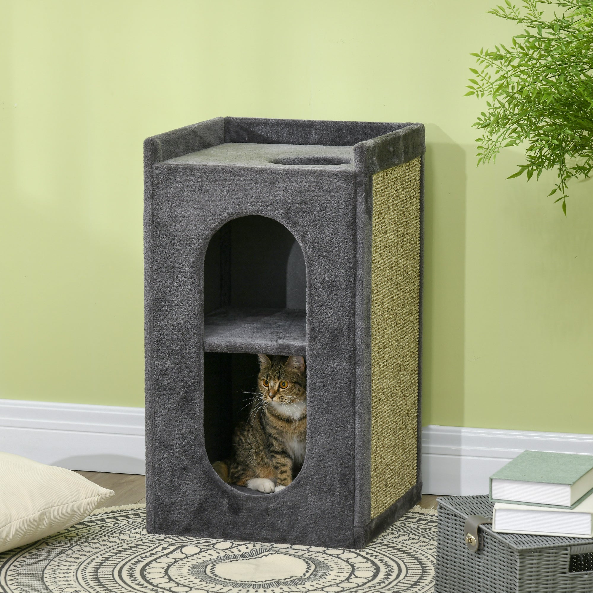 PawHut 81cm Cat Scratching Barrel, with Two Cat Houses for Indoor Cats, Grey - North Peak Garden Furniture