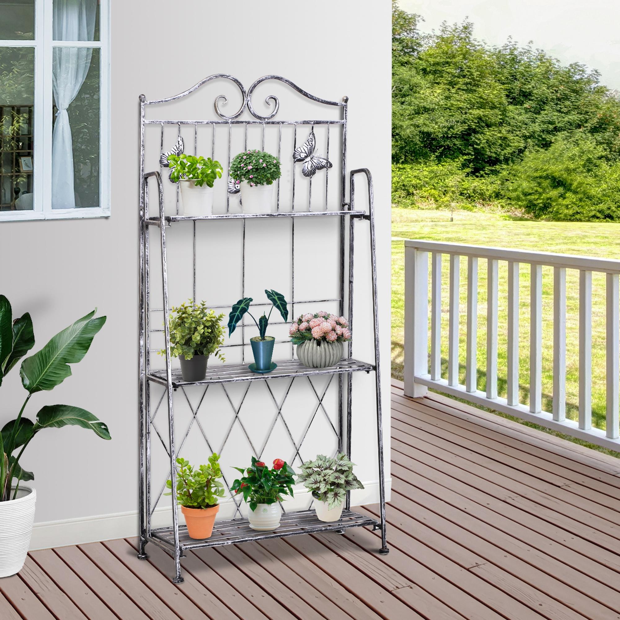 Outsunny Indoor Outdoor Freestanding 3-Tier Garden Plant Stand Metal Flower Display Rack for Potted Plants Balcony Décor 44L x 25W x 96H cm - North Peak Garden Furniture