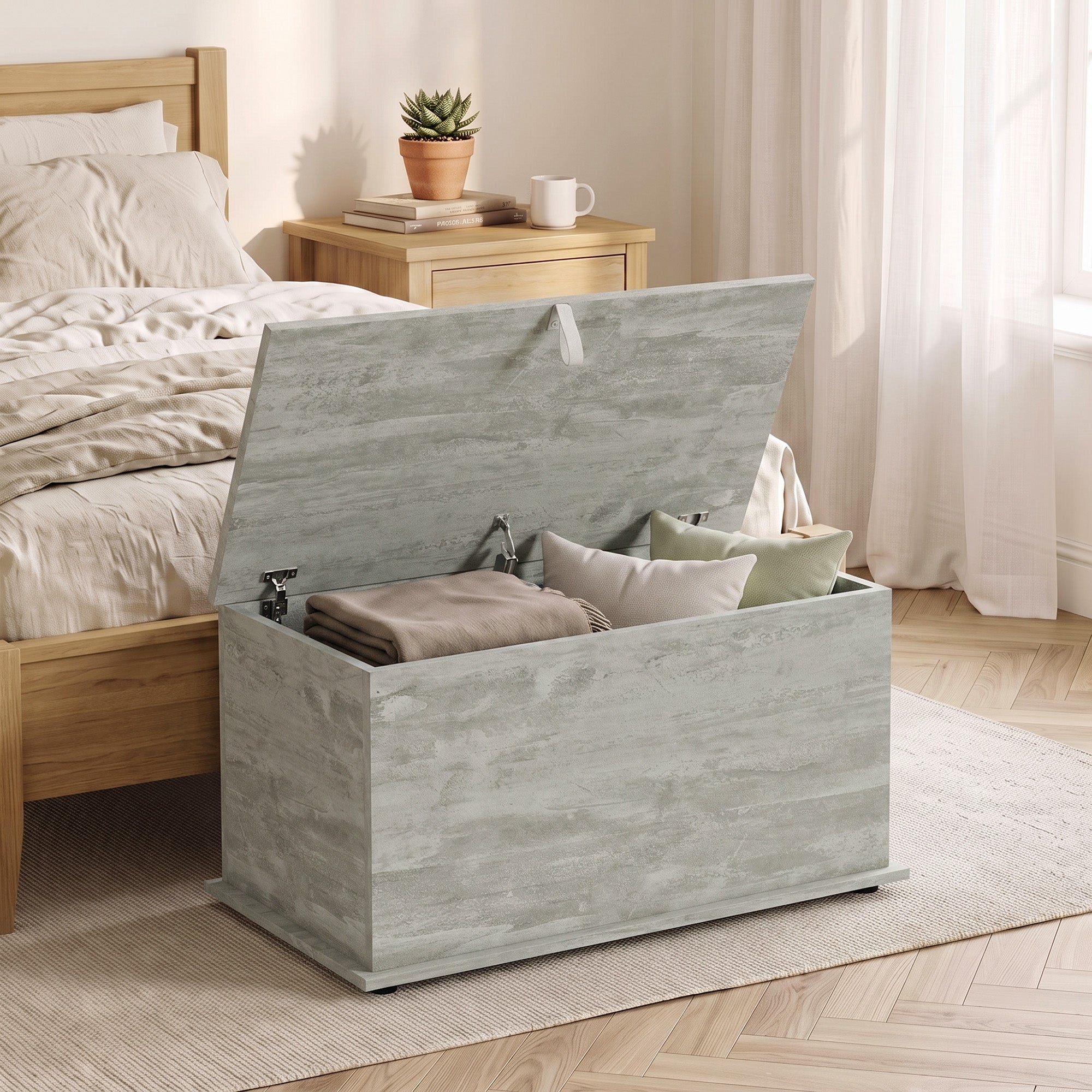 HOMCOM Storage Chest, 102L Blanket Box, Shoe Bench with Safety Hinged Lid, Bed End Bench for Bedroom, 80 x 40 x 45cm, Grey