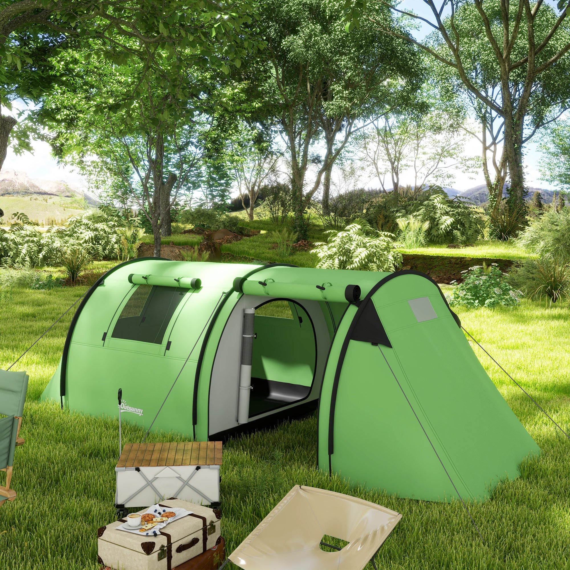 Outsunny Four Man Duo Room Tunnel Tent, with Accessories - Green - North Peak Garden Furniture