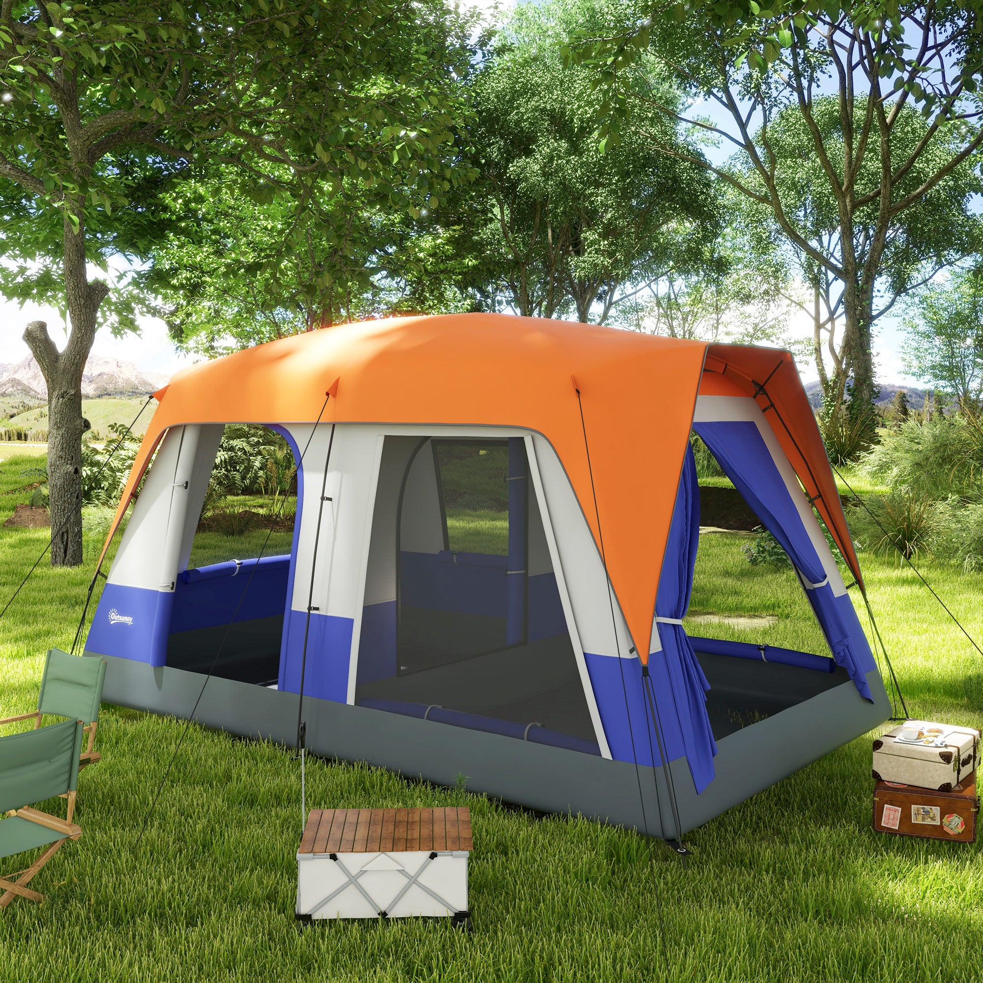 Outsunny Six-Man Camping Tent, with Small Rainfly and Accessories - Orange - North Peak Garden Furniture