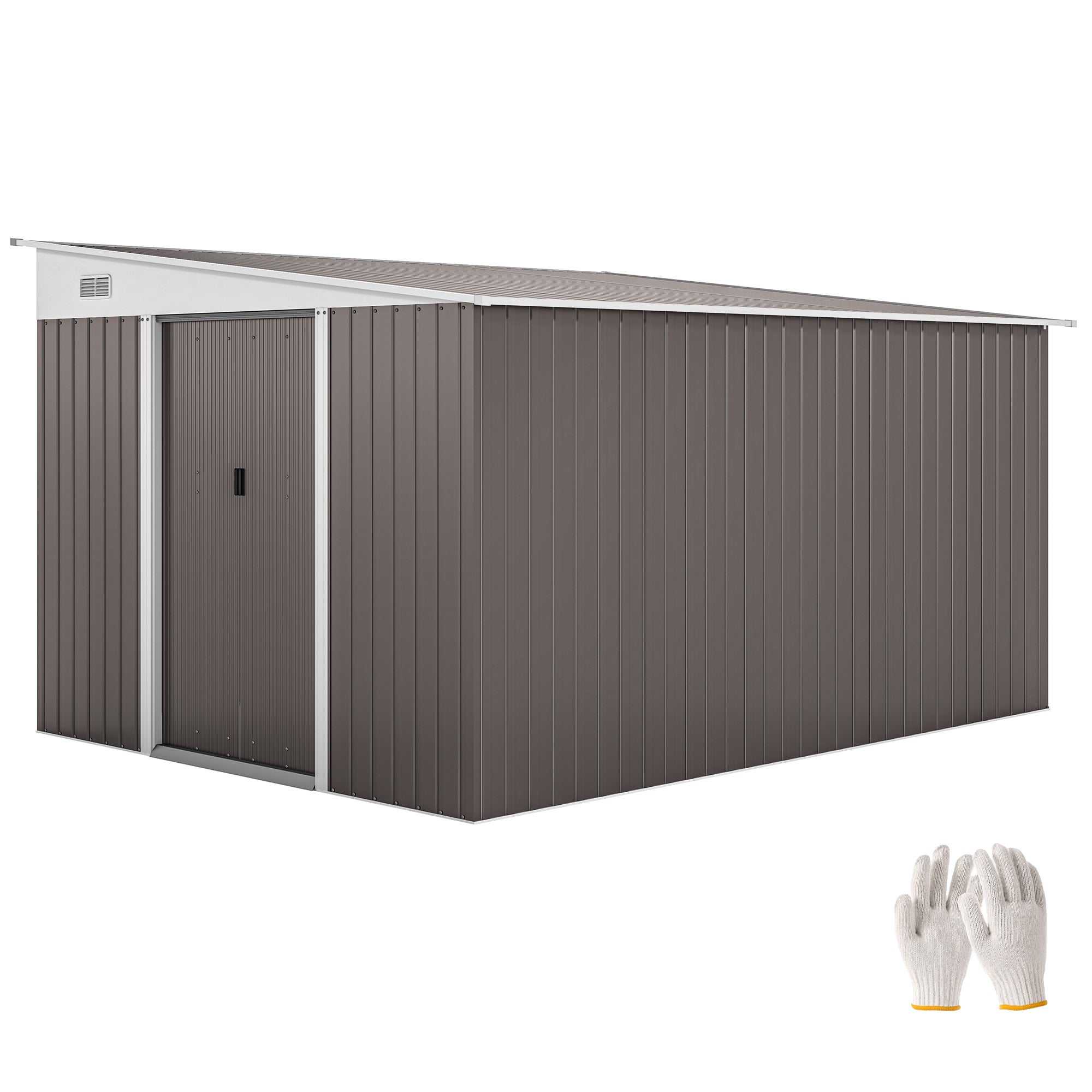 Outsunny 11.3 x 9.2ft Lean to Metal Garden Shed, Outdoor Galvanised Tool Storage House with Double Sliding Doors and 2 Air Vents, Grey - North Peak Garden Furniture