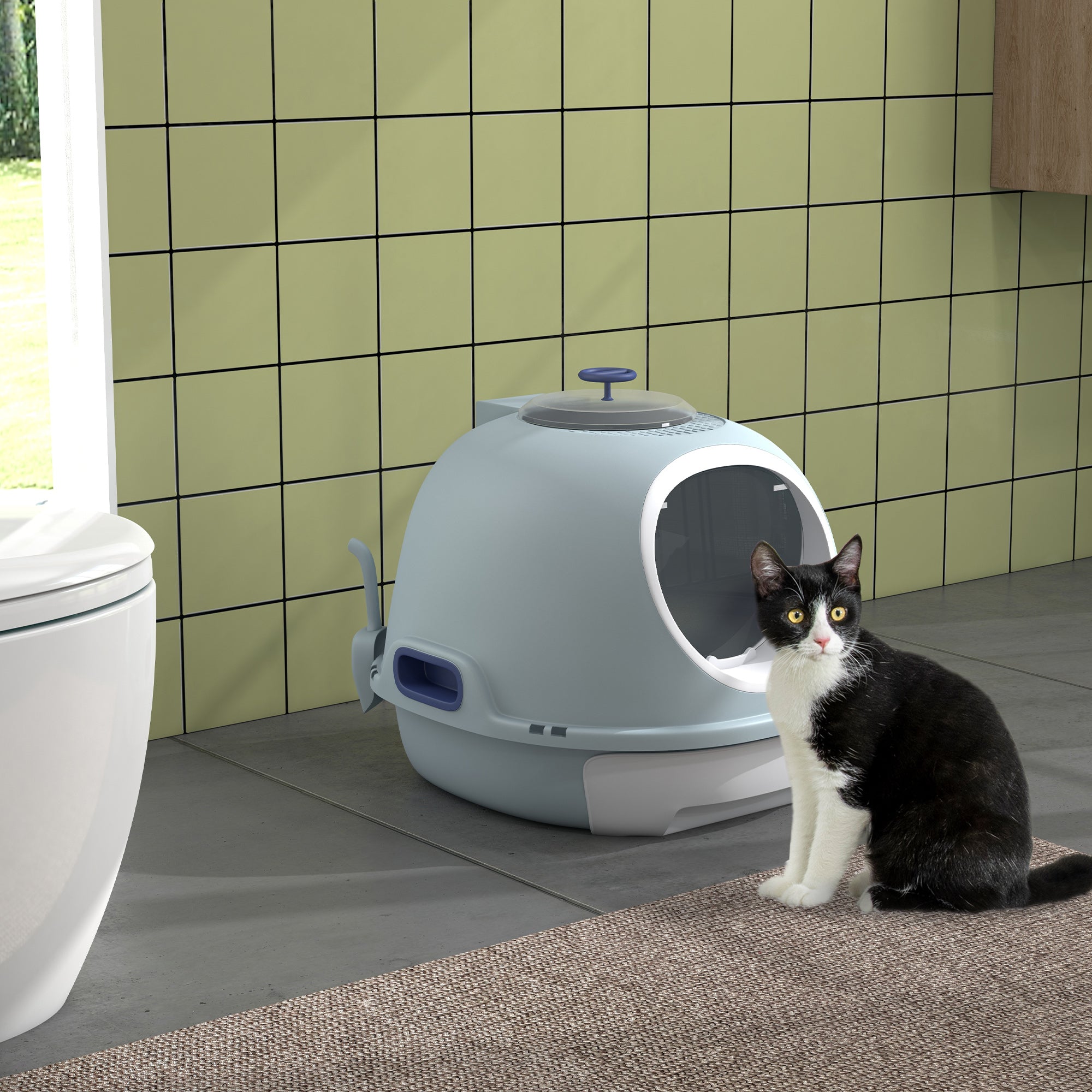 PawHut Cat Litter Box Toilet with Litter Scoop Enclosed Drawer, Front Entry Top Exit, Easy To Clean Blue - North Peak Garden Furniture