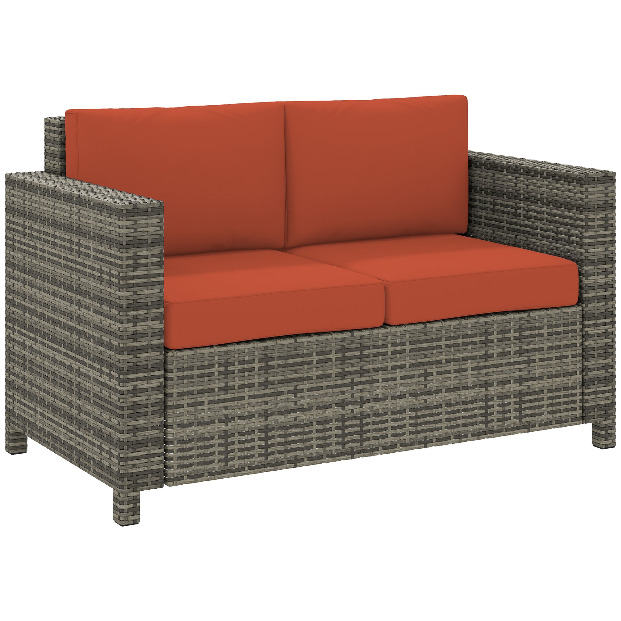Outsunny 2 Seater Garden Furniture, Rattan Sofa with Soft Padded Cushion and Armrests, Wicker Garden Loveseat for Patio, Grey - North Peak Garden Furniture