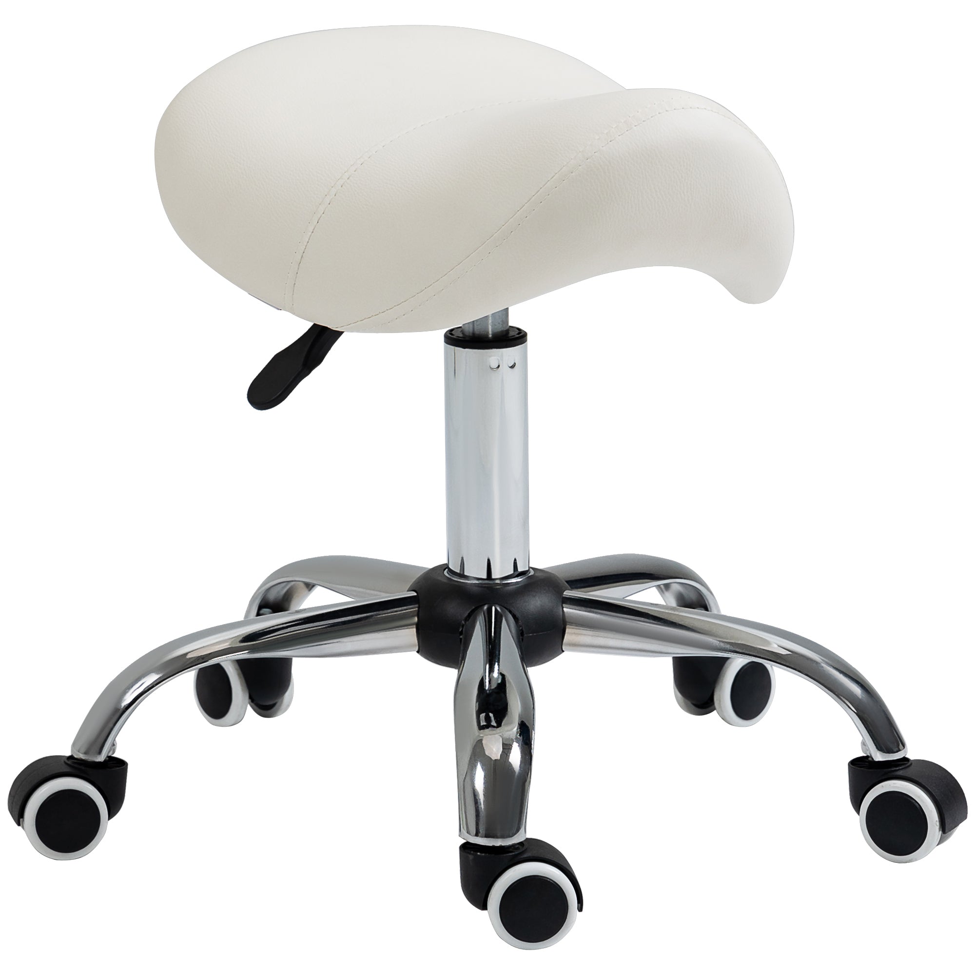 HOMCOM Cosmetic Stool 360° Rotate Height Adjustable Salon Massage Spa Chair Hydraulic Rolling Faux Leather Saddle Stool, Cream - North Peak Garden Furniture