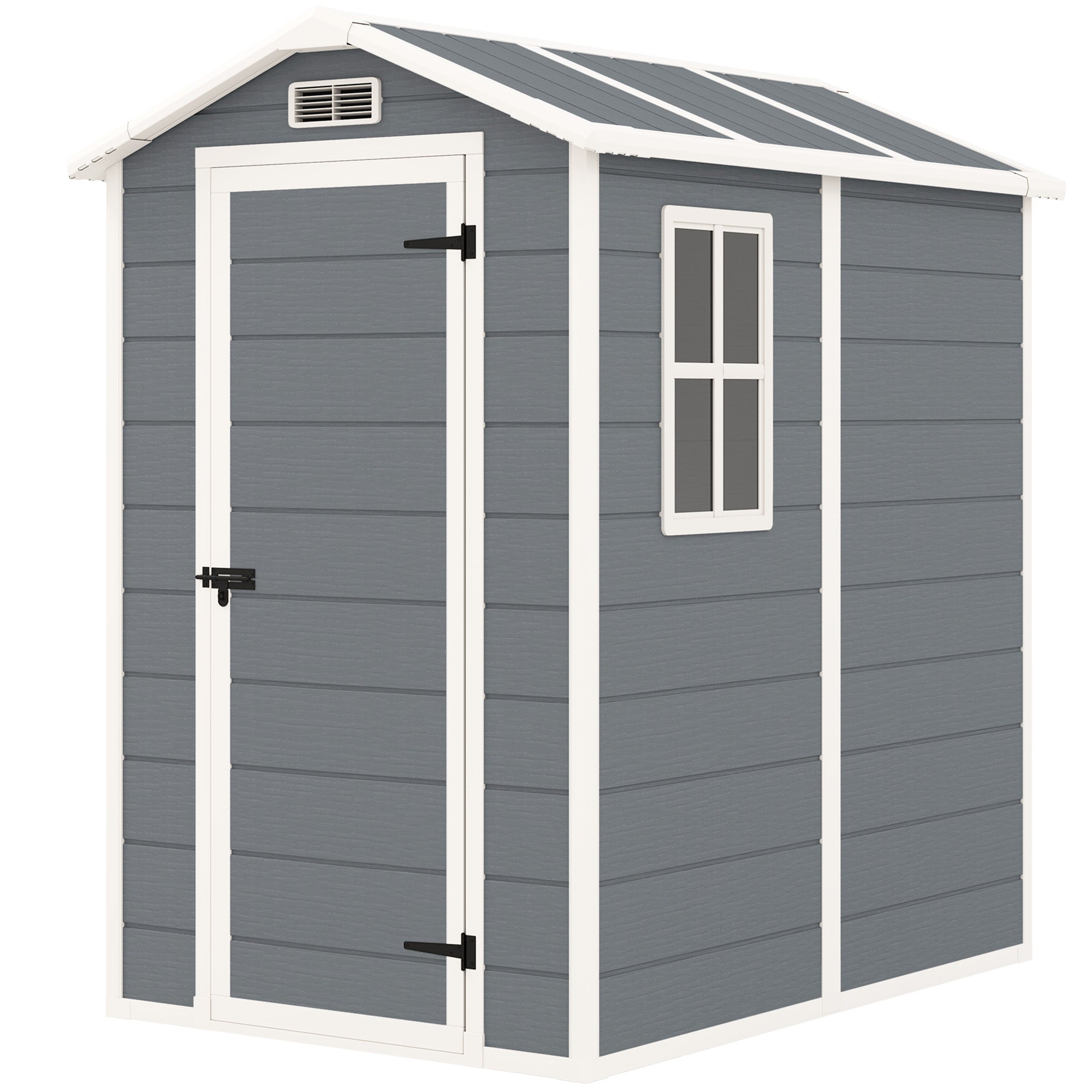 Outsunny 4 x 6ft Garden Shed, Plastic Shed with Floor, Window, Lockable Door and Vents, Resin Tool Shed for Outdoor Patio Storage, Zero Maintenance, Grey - North Peak Garden Furniture