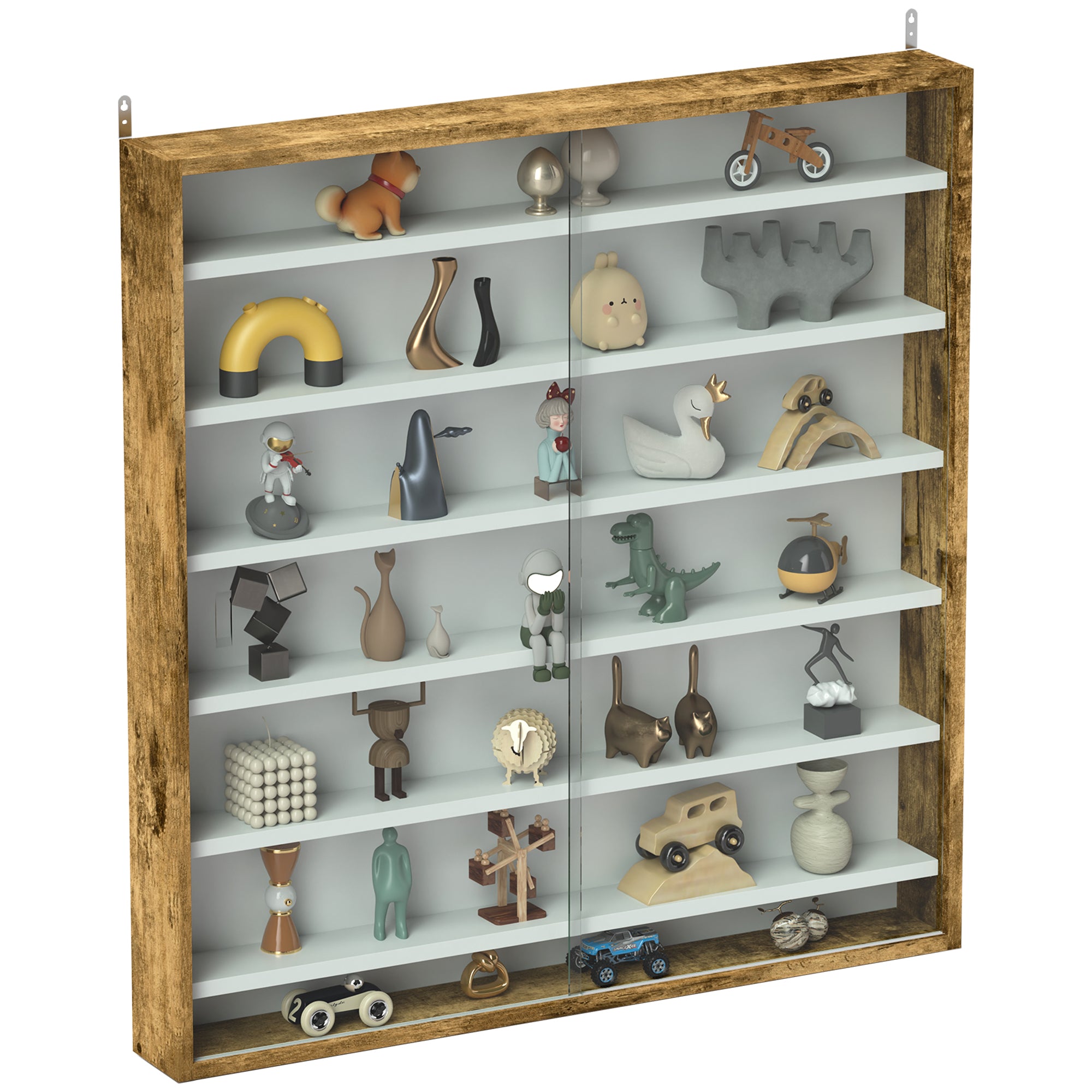 HOMCOM 7-Tier Wall Display Shelf Unit Cabinet w/ 6 Adjustable Shelves Glass Doors Home Office Ornaments 83x80cm, Rustic Brown - North Peak Garden Furniture