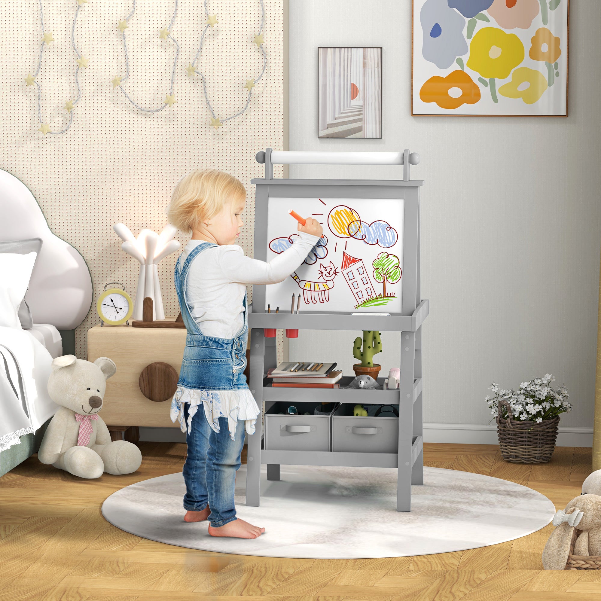 AIYAPLAY 3 in 1 Kids Easel Double-Sided Magnetic Whiteboard and Chalkboard with Paper Roll, Storage Baskets - Grey - North Peak Garden Furniture