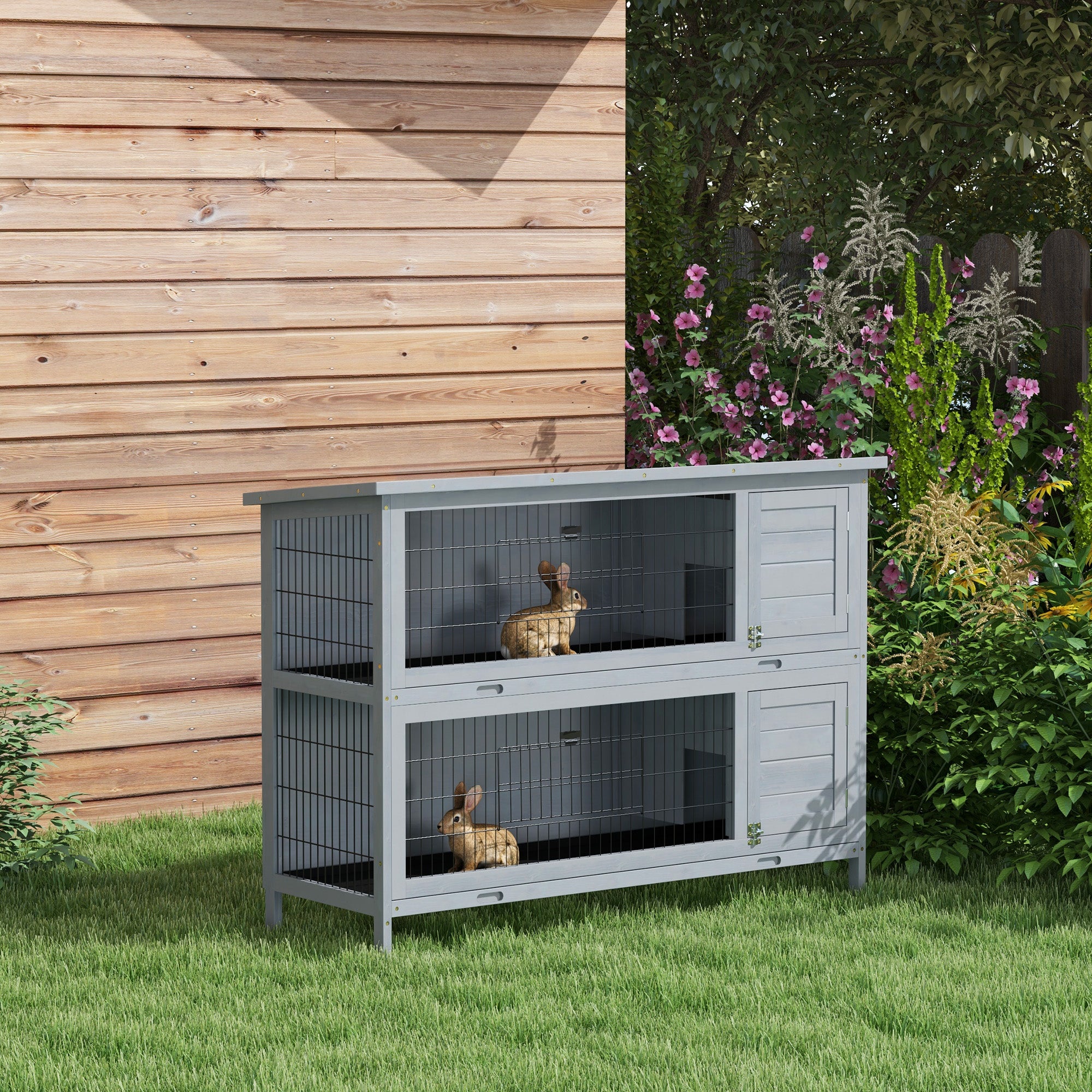 PawHut Rabbit Hutch Outdoor Guinea Pig Hutch Bunny Cage with No-Leak Trays, Divider, 136 x 50 x 93cm, Grey - North Peak Garden Furniture
