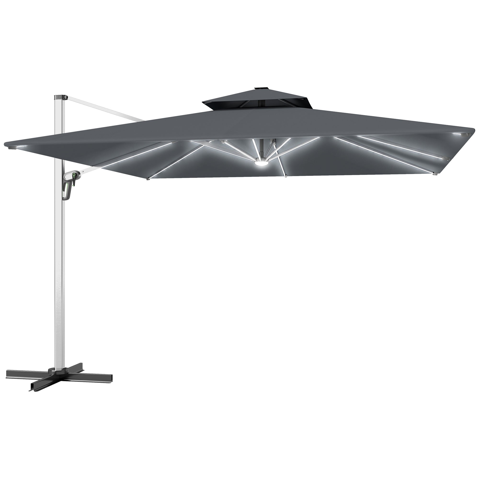 Outsunny 3(m) Garden Cantilever Parasol with Solar LED Lights, Cross Base, 360° Rotation, Crank Handle and Tilt, Grey - North Peak Garden Furniture