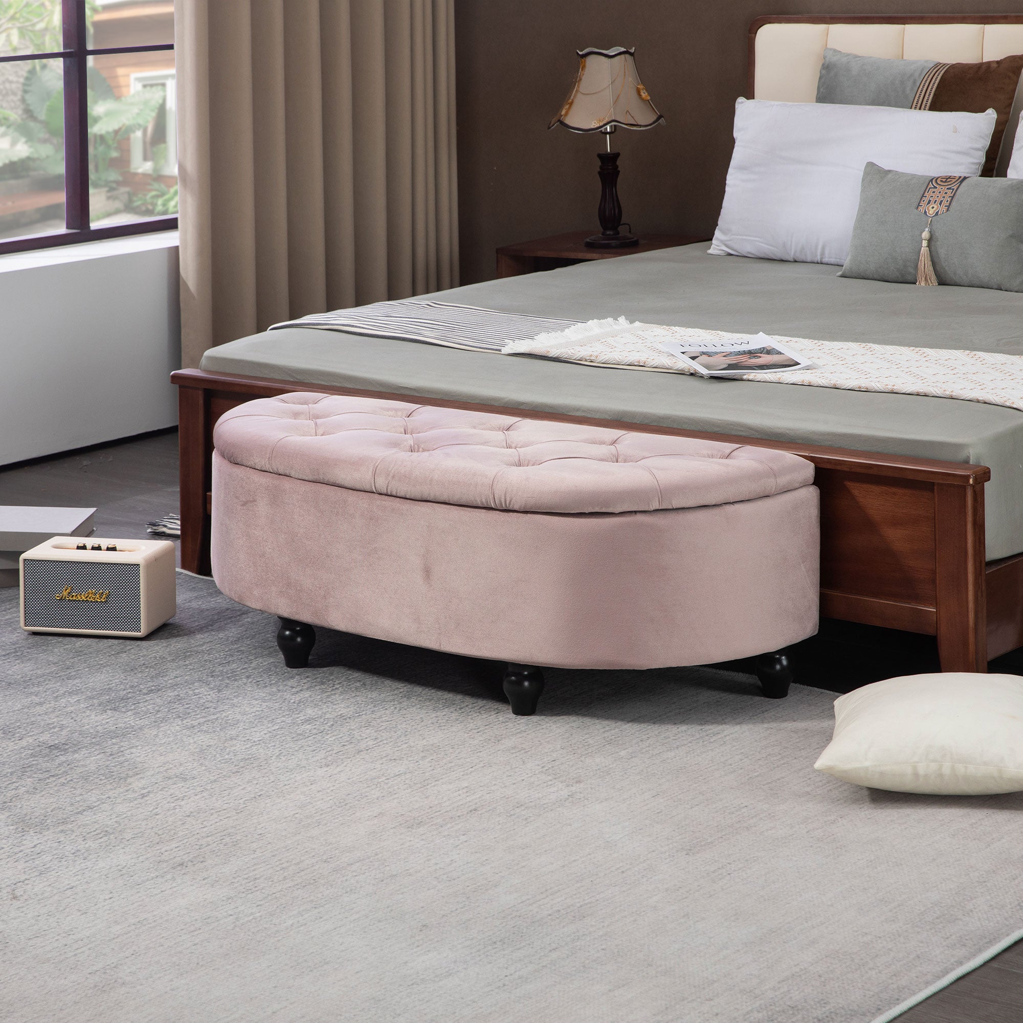 HOMCOM Semi-Circle Bed End Bench Ottoman with Storage Tufted Upholstered Accent Seat Footrest Stool with Rubberwood Legs for Bedroom & Entryway, Pink