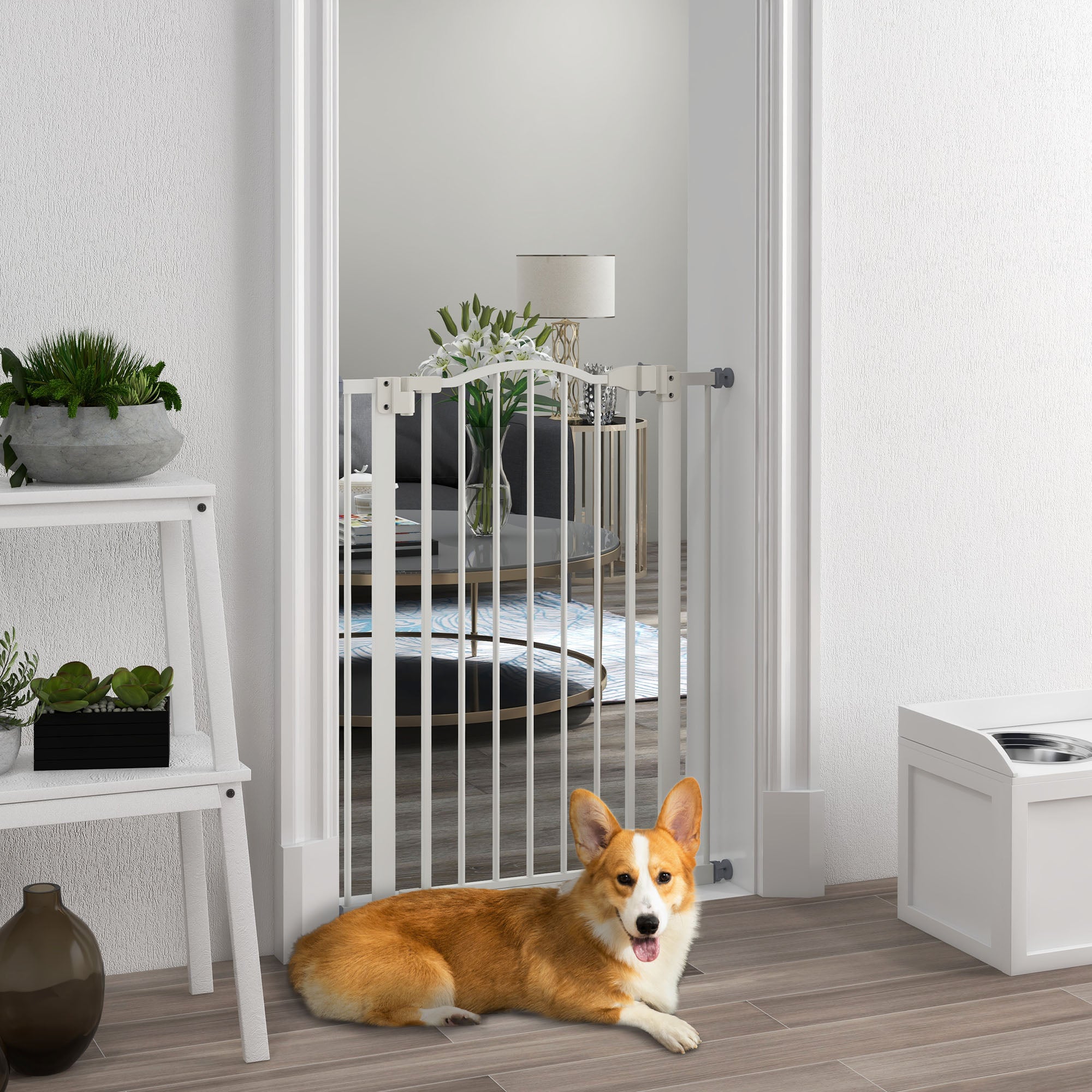 PawHut Pressure Fit Dog Stair Gate No Drilling Safety Gate Auto Close for Doorways, Hallways, 74-80cm Adjustable, 94cm Tall, White - North Peak Garden Furniture