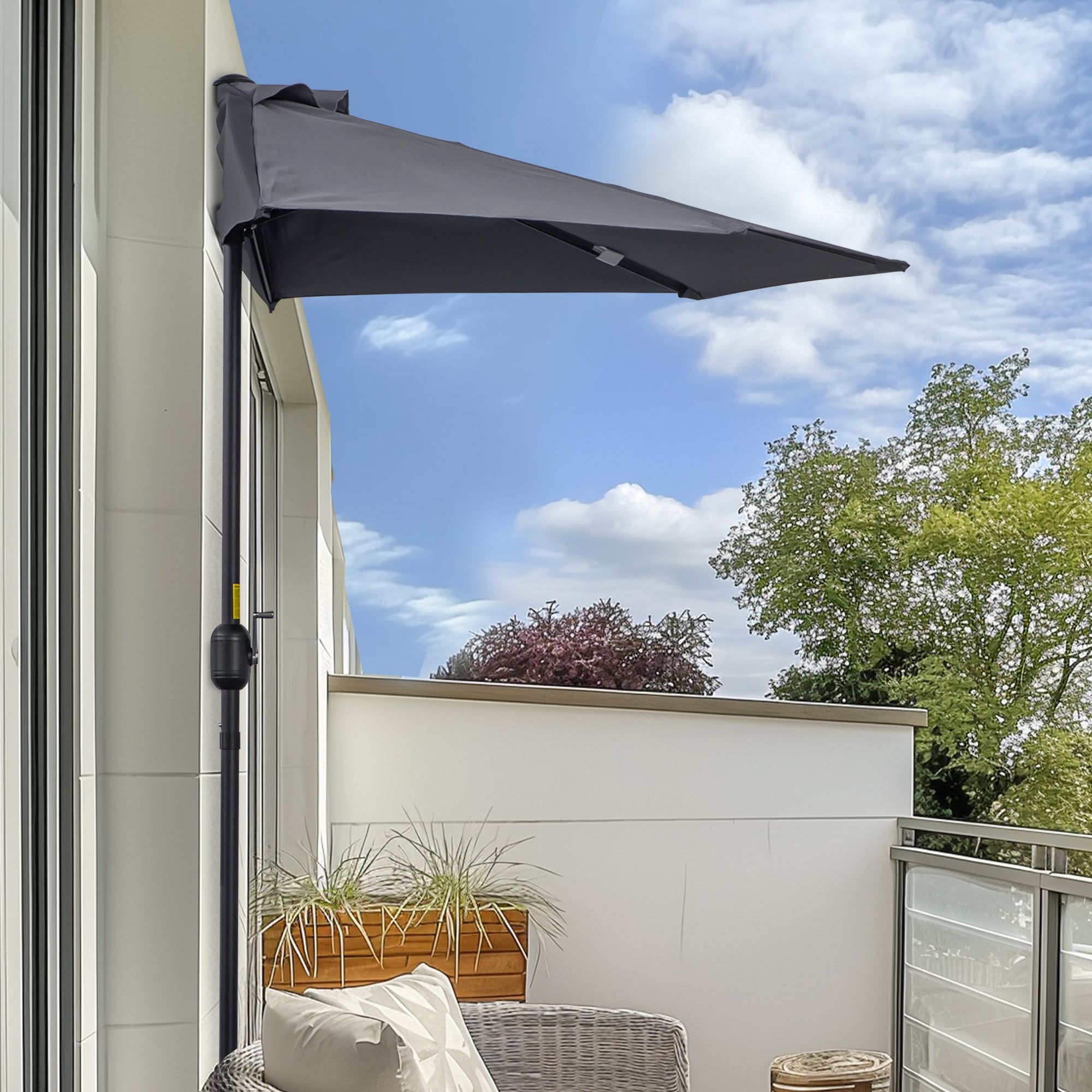 Outsunny 2.7m Garden Half Parasol, Outdoor Balcony Umbrella with 5 Steel Ribs, Patio Sun Shade, Grey - North Peak Garden Furniture