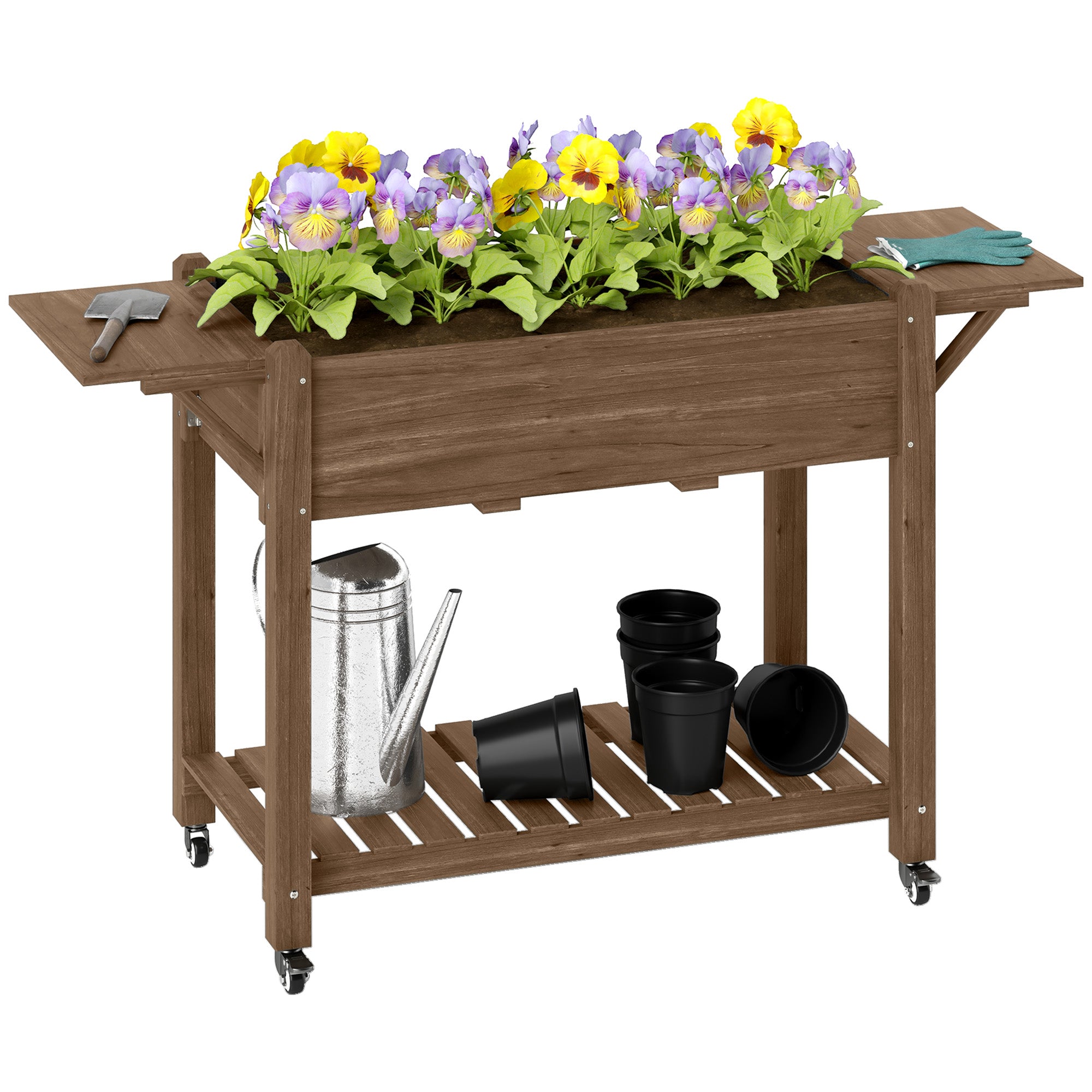 Outsunny 46 x 94cm Wooden Raised Planter, with Shelves - Carbonised - North Peak Garden Furniture