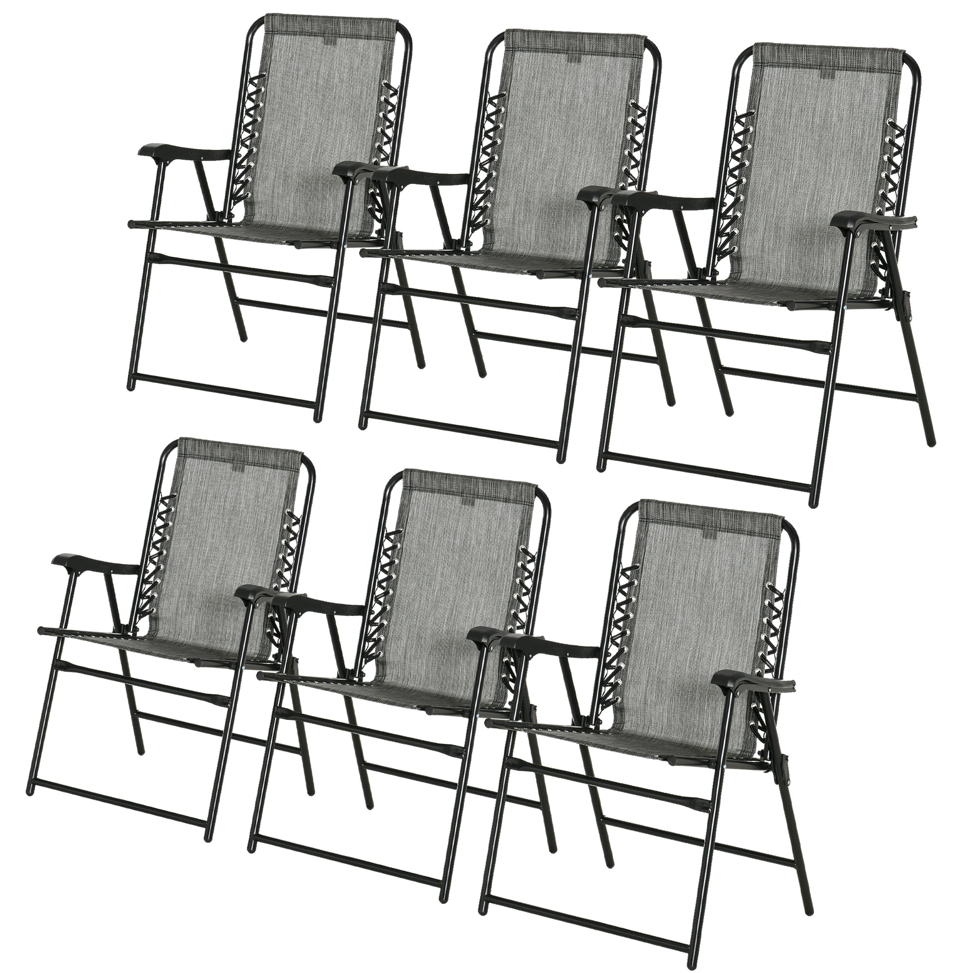 Outsunny Set of 6 Patio Folding Chair Set, Garden Portable Outdoor Chairs with Armrest and Breathable Mesh Fabric Seat and Backrest, for Camping, Beach, Deck, Lawn, Grey - North Peak Garden Furniture
