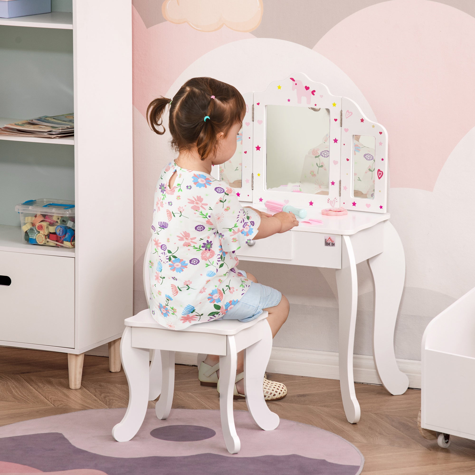 HOMCOM Kids Vanity Table & Stool Girls Dressing Set Make Up Desk Chair Dresser Play Set with Rotatable Mirrors Drawer Star & Heart Pattern White - North Peak Garden Furniture