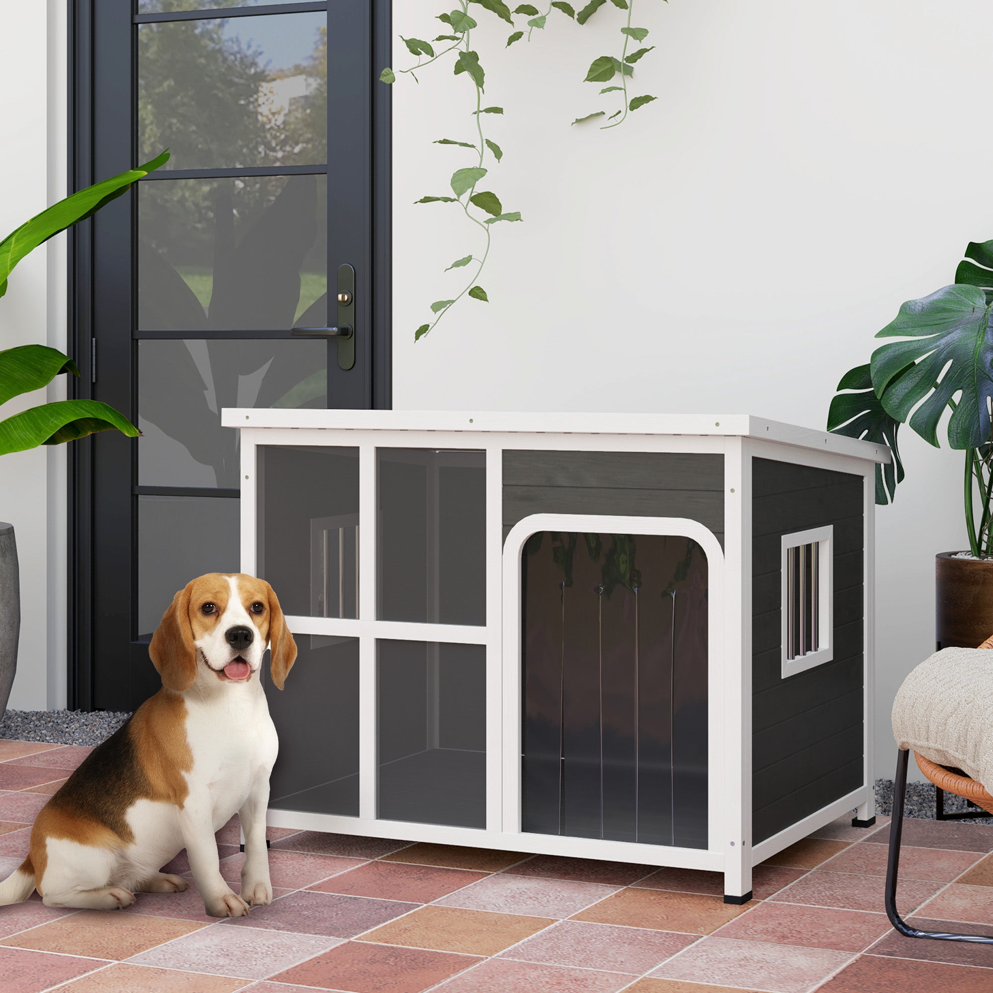 PawHut Wooden Dog House Outdoor with Asphalt Openable Top, Removable Floor, Clear Front Panel, Curtain, 103 x 77 x 83cm - North Peak Garden Furniture