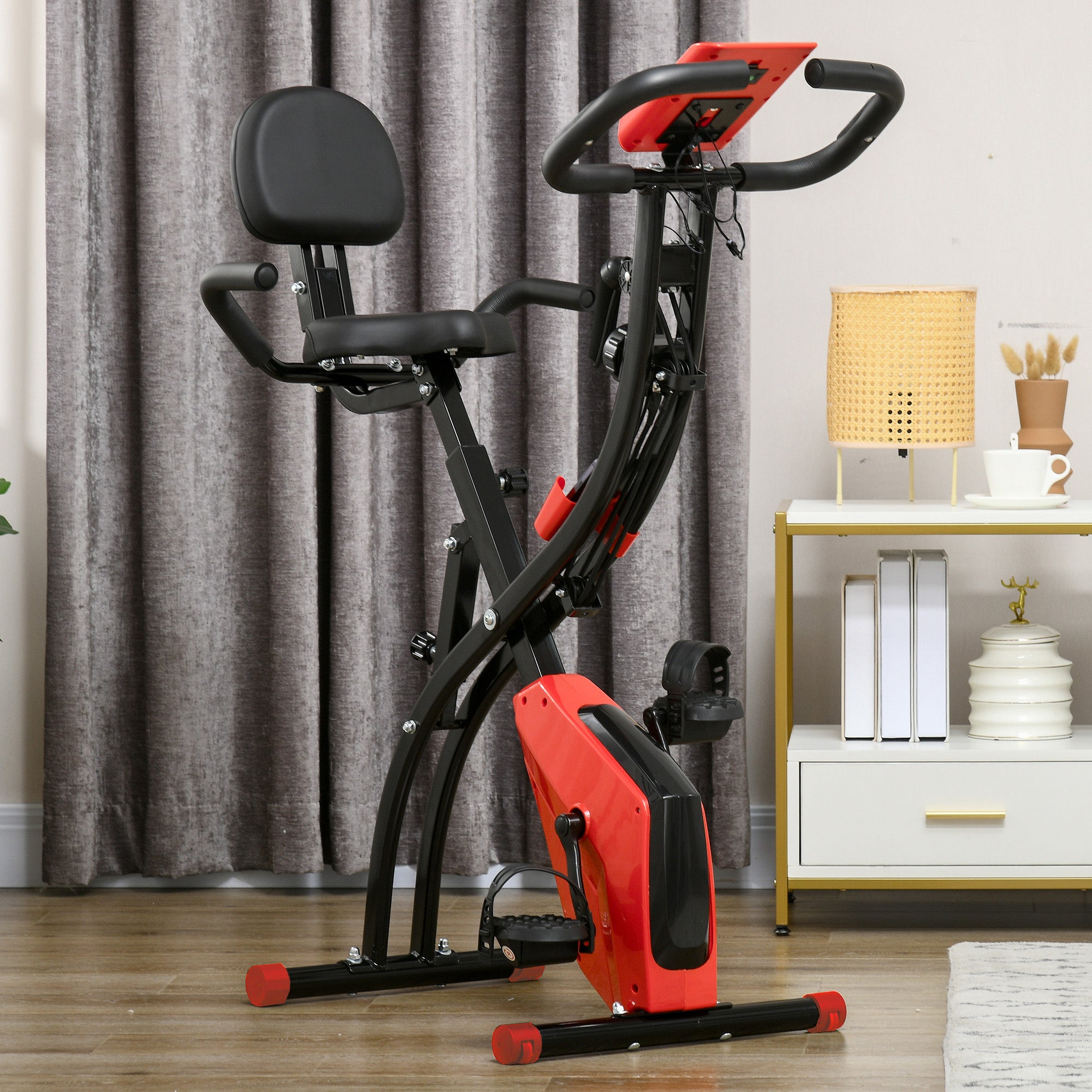 HOMCOM 2-in-1 Folding Exercise Bike with 8-Level Magnetic Resistance, Arm Resistance Band, Pulse Sensor, Red - North Peak Garden Furniture