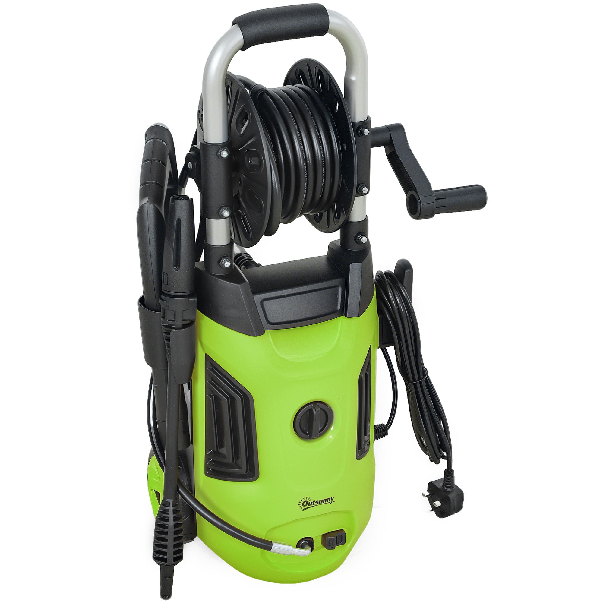 Outsunny 1800W High Pressure Washer, 150 Bar Pressure, 420 L/h Flow, Portable Power Washer Jet Wash Cleaner with Adjustable Nozzle, 6M Hose, Hose Reel, Steel Handle for Home Patio Car Driveway, Green - North Peak Garden Furniture