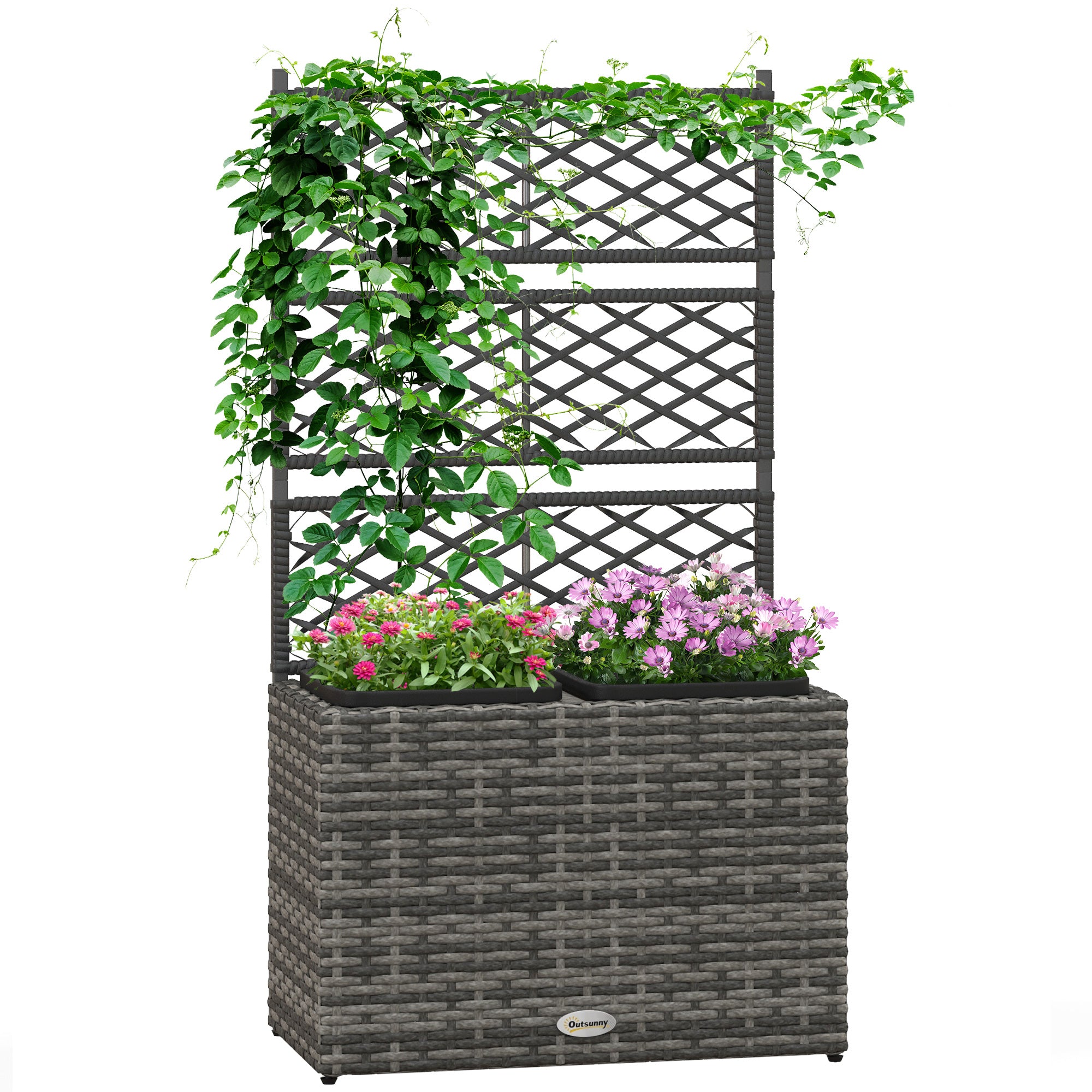 Outsunny 22L Garden PE Rattan Planter with Trellis, Free Standing Flower Raised Bed with Two Plant Boxes for Garden, Garden Planter for Climbing Plants, 57cm x 30cm x 107cm, Mixed Grey - North Peak Garden Furniture