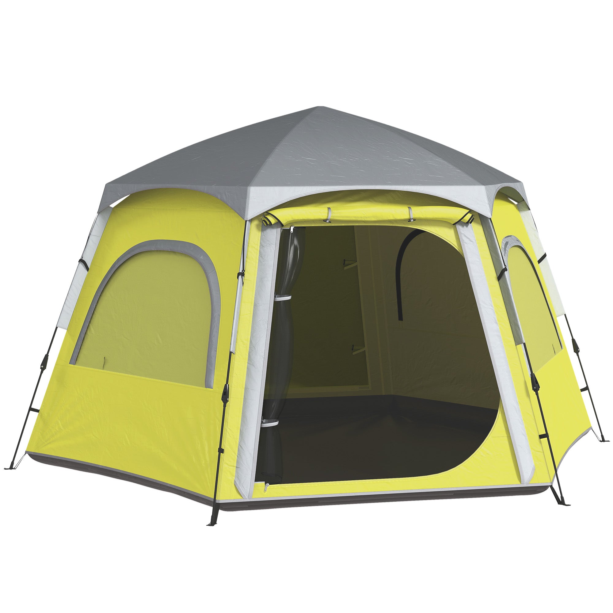 Outsunny Instant Camping Tent, 2/3/4 Person Easy Setup Family Tent with Vestibule, Rainfly, 4 Mesh Windows & 2 Doors, Hexagonal Design, Waterproof UV Protected Dome Tent, Yellow Green - North Peak Garden Furniture