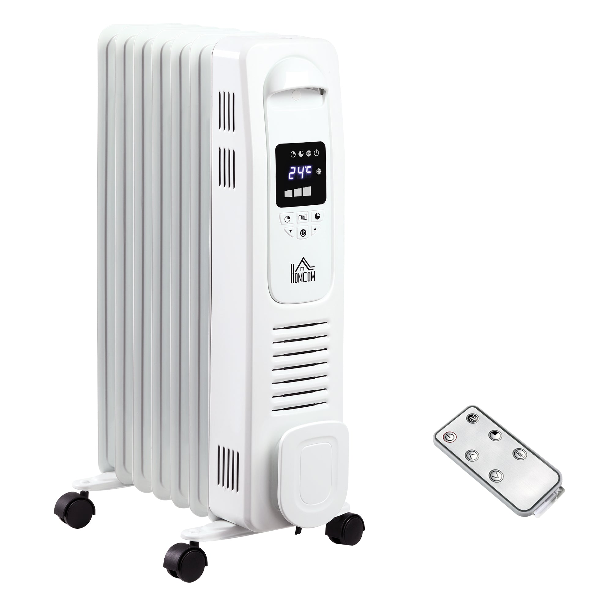 HOMCOM 1500W Digital Oil Filled Radiator, 7 Fin, Portable Electric Heater with LED Display, Built-in Timer, 3 Heat Settings, Safety Cut-Off and Remote Control, White - North Peak Garden Furniture